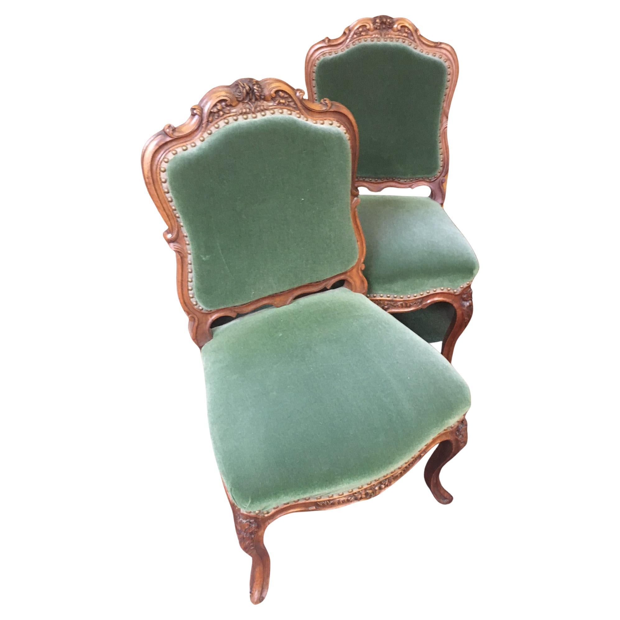 Late 19thc Pair Louis XV Style Upholstered French Fruitwood Chairs
