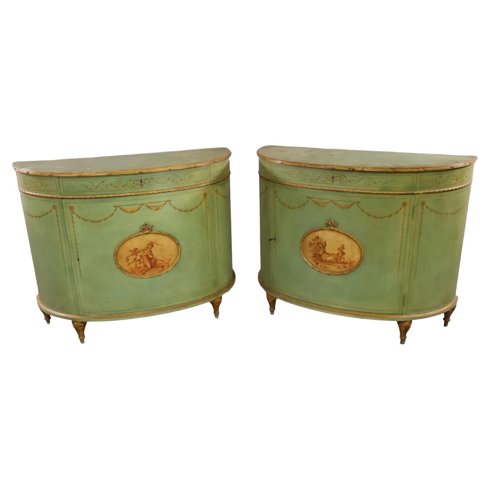 Late 19thc Pair of Italian Hand Painted Green Commodes