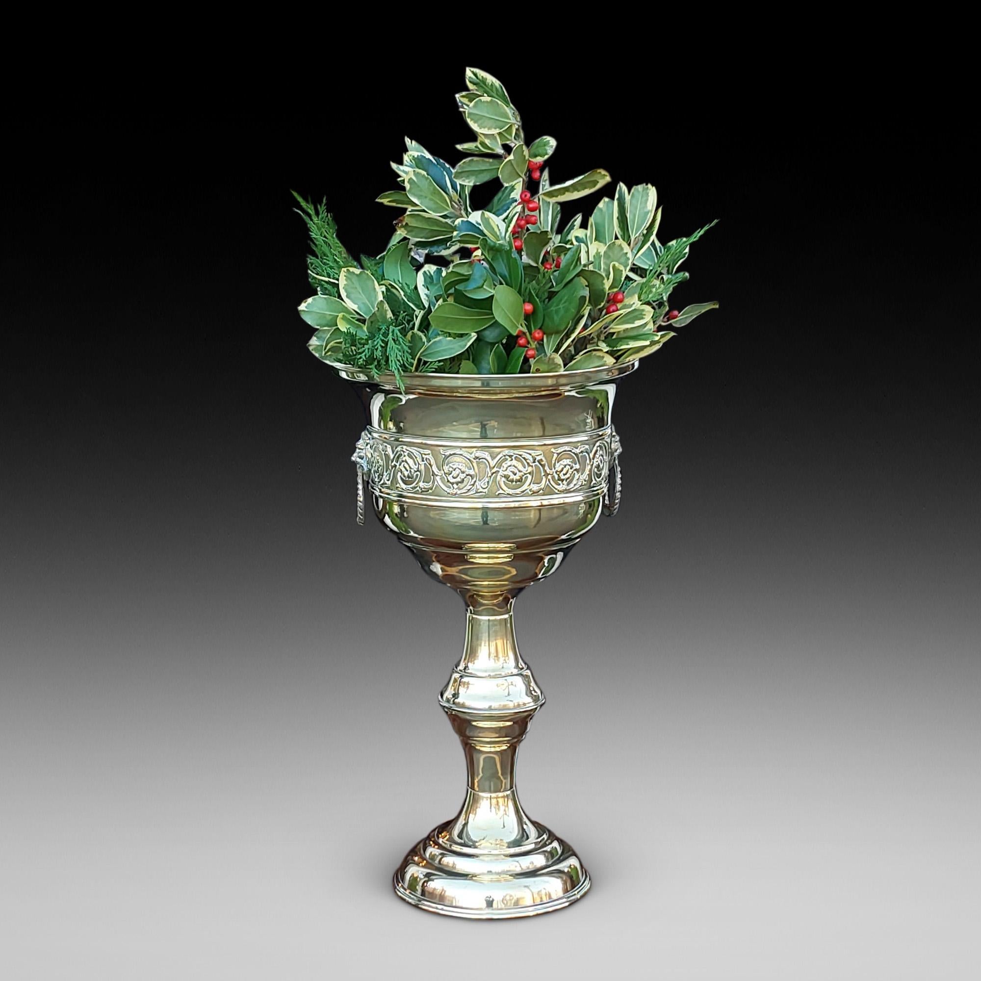 Late 19thC Pressed Brass Planter on Stand with Lion Mask Handles and Foliate Embossed Cummerband - 12