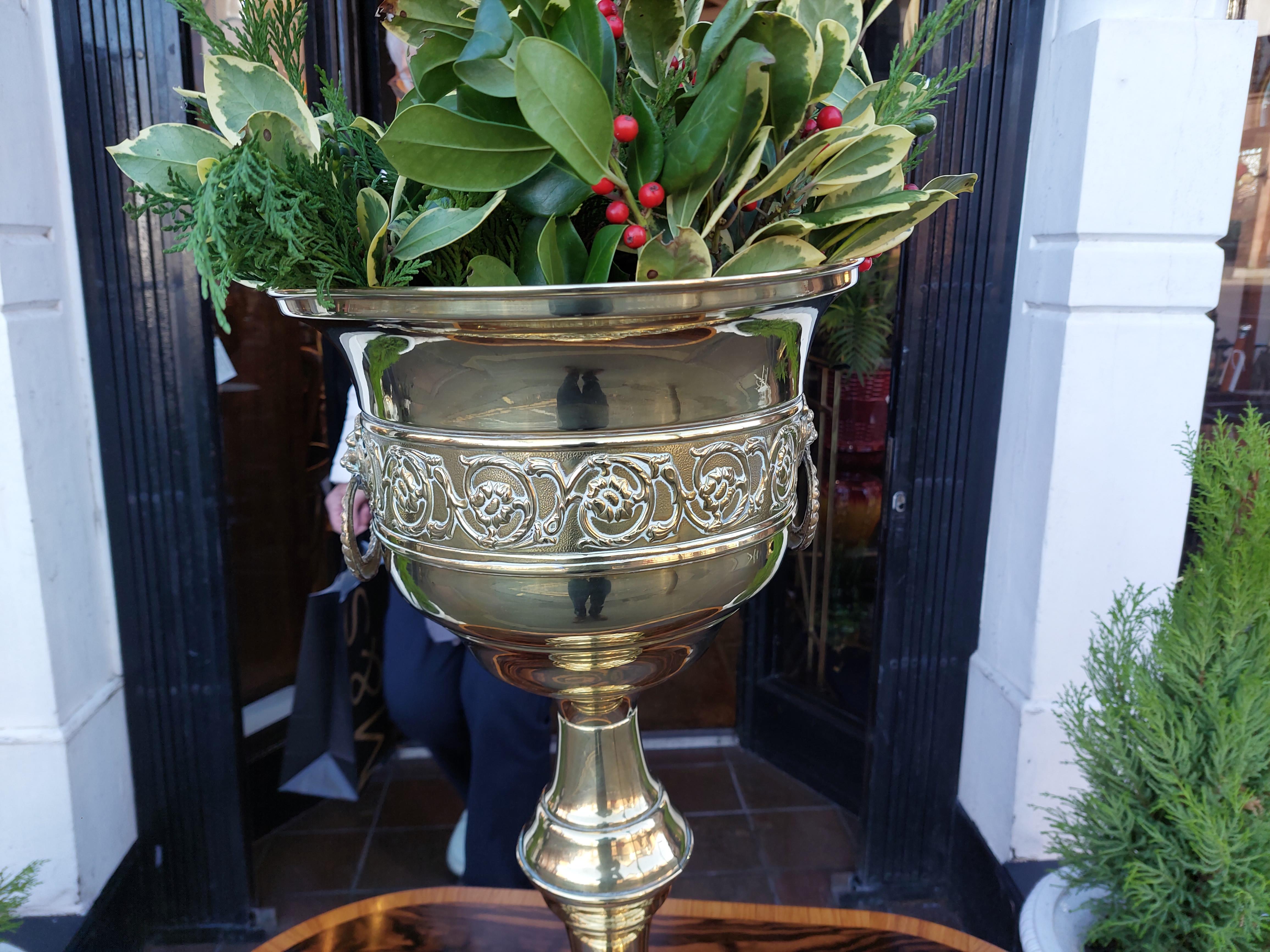 English Late 19thC Pressed Brass Planter on Stand For Sale