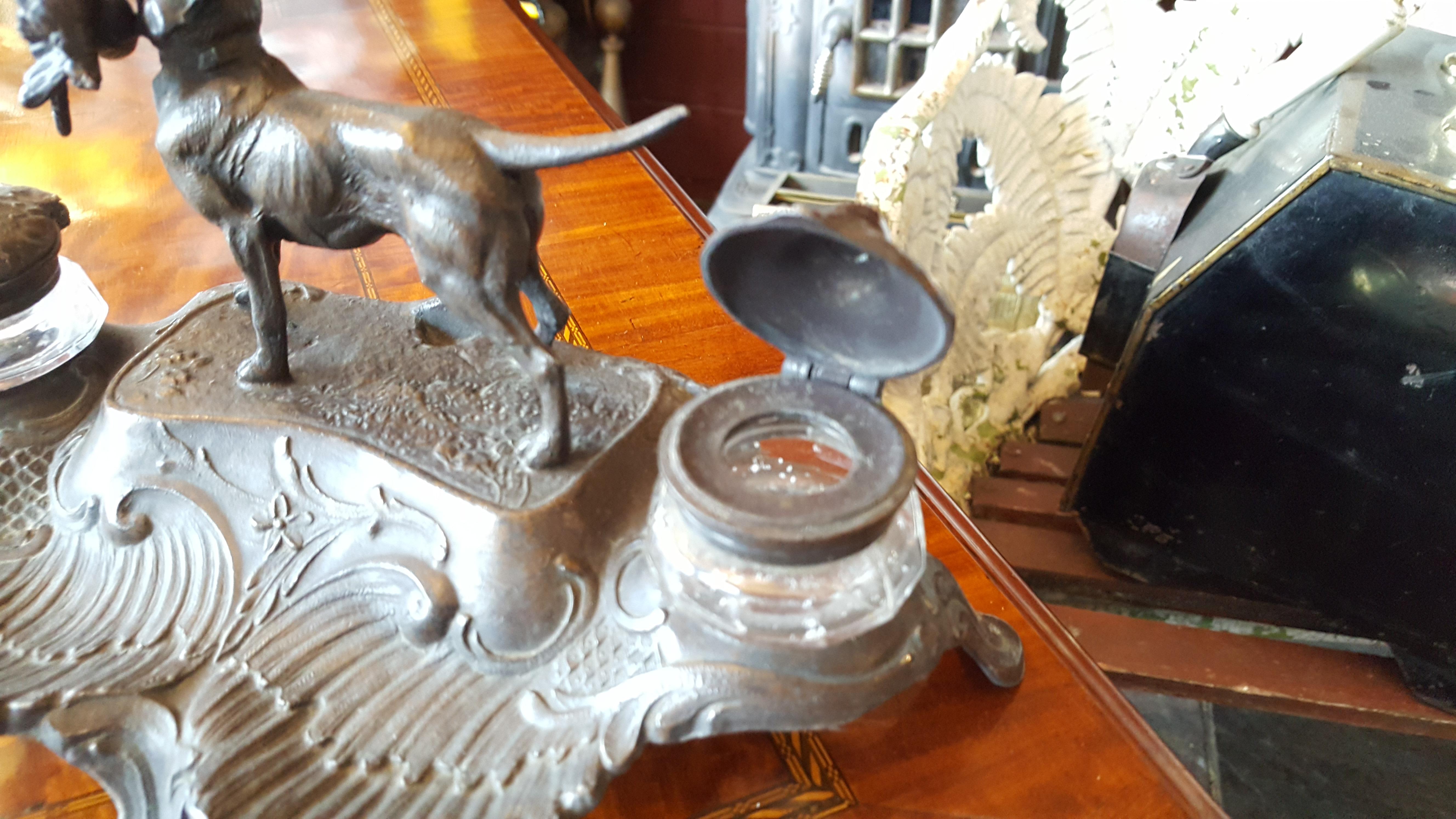English Late 19thC Spelter Ink Stand Centered with a Gun Dog For Sale