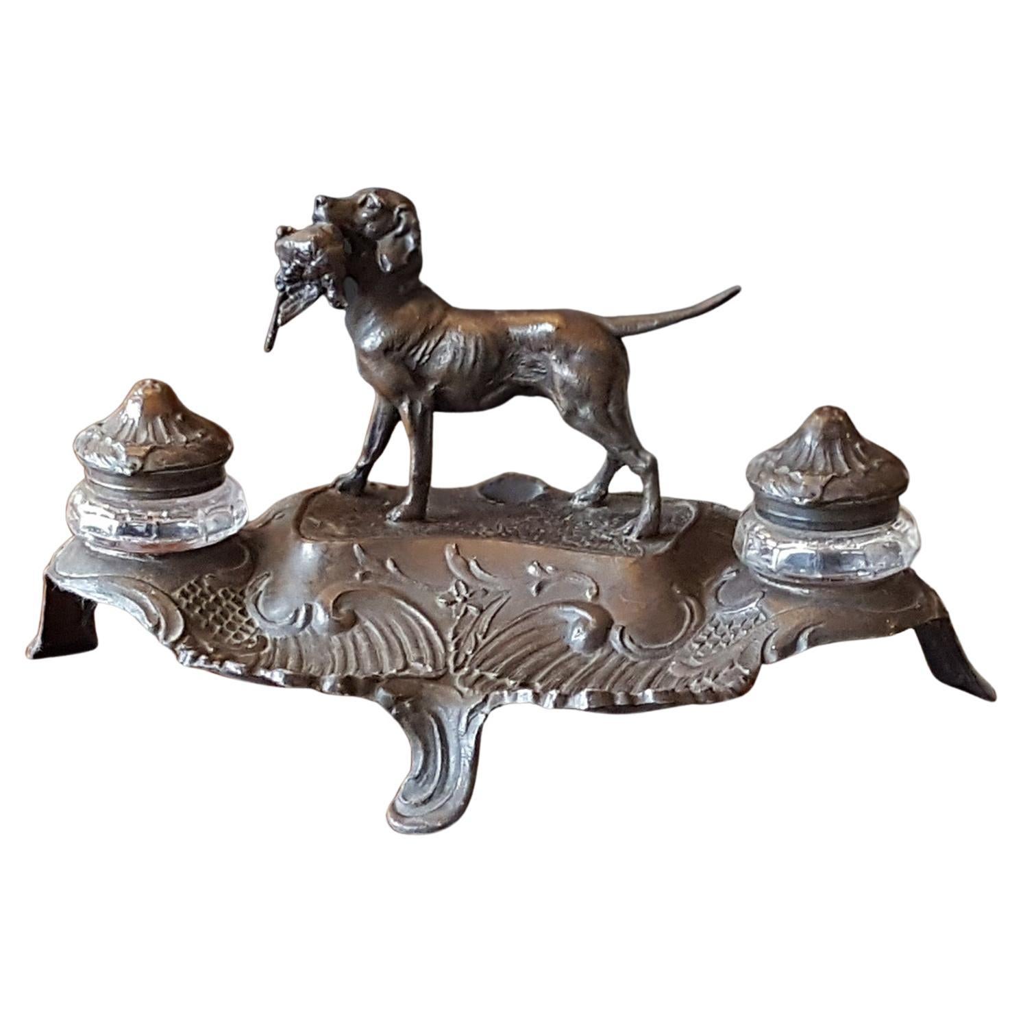 Late 19thC Spelter Ink Stand Centered with a Gun Dog For Sale