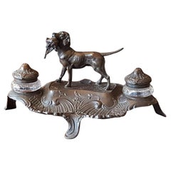 Antique Late 19thC Spelter Ink Stand Centered with a Gun Dog