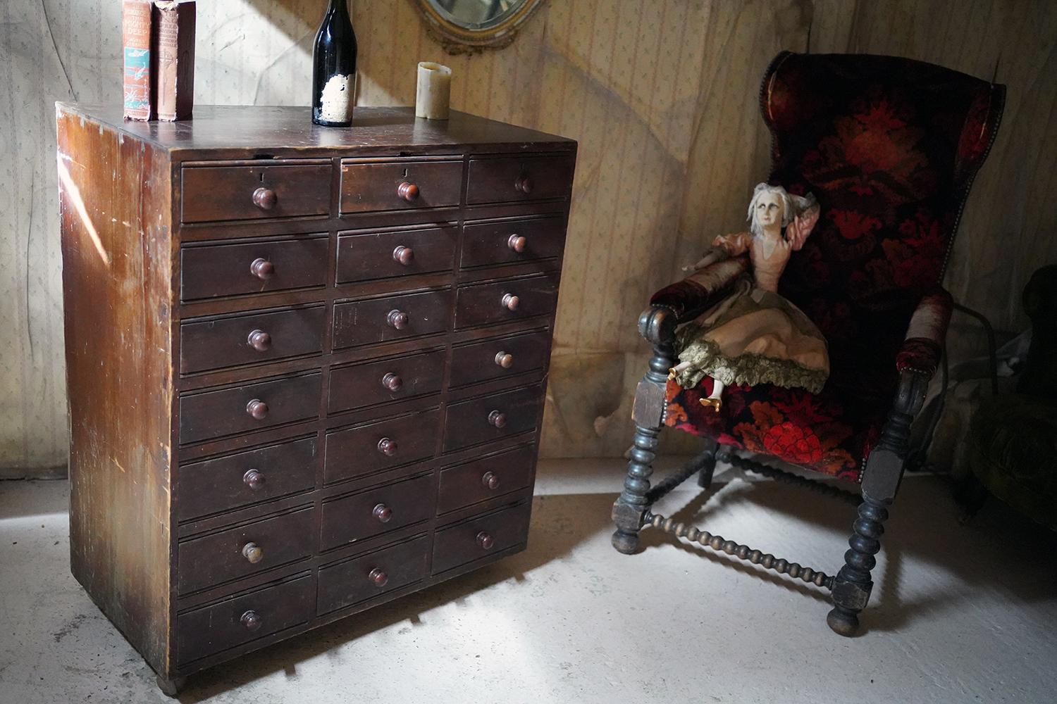 Late 19thc Stained Pine Bank of Twenty-One Drawers, c.1890 For Sale 13