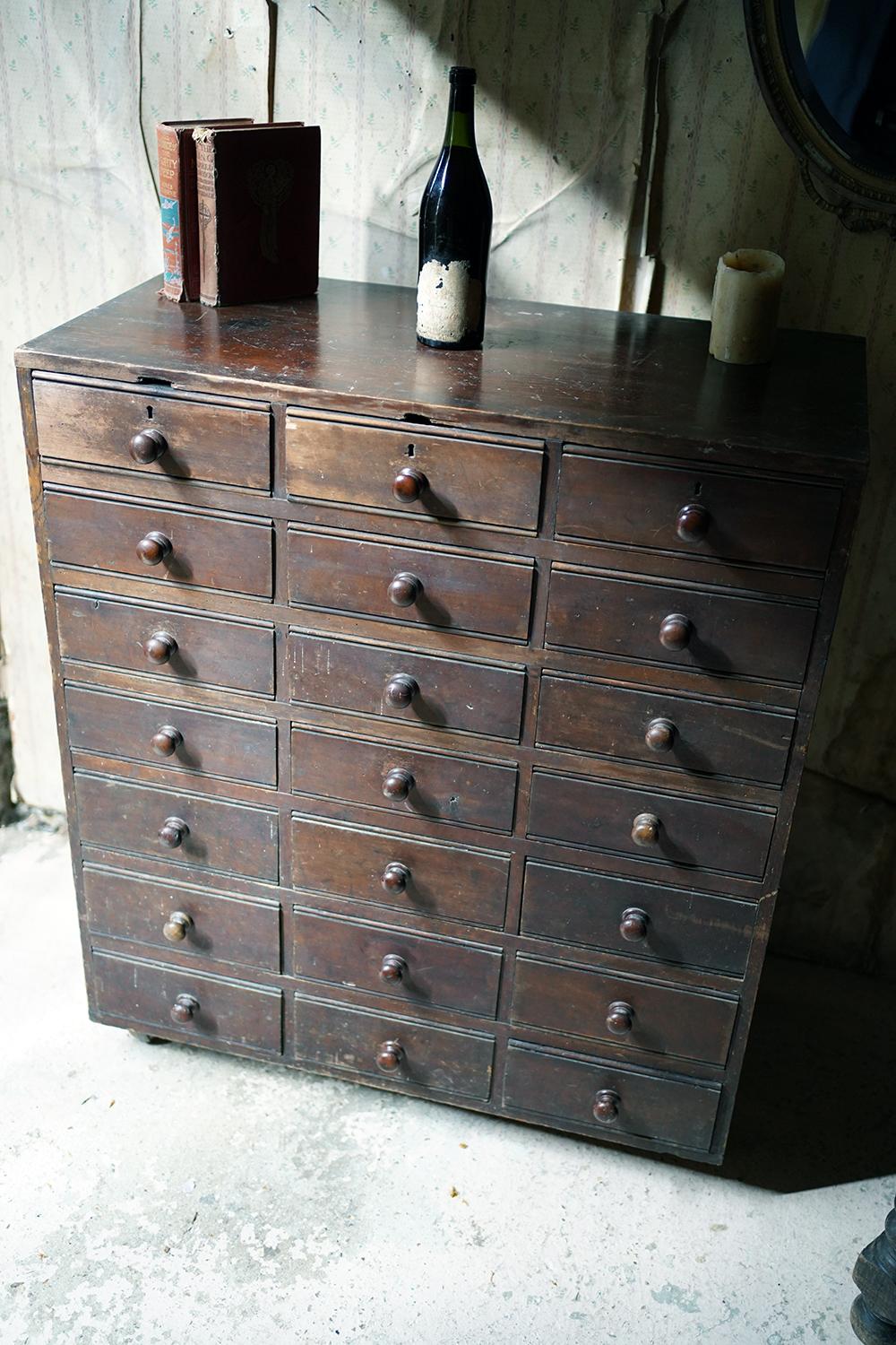 Late Victorian Late 19thc Stained Pine Bank of Twenty-One Drawers, c.1890 For Sale
