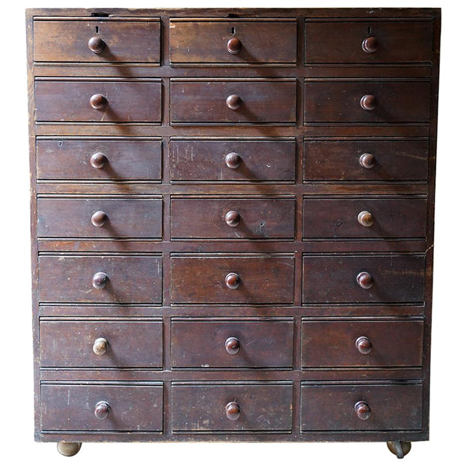 Late 19thc Stained Pine Bank of Twenty-One Drawers, c.1890 For Sale