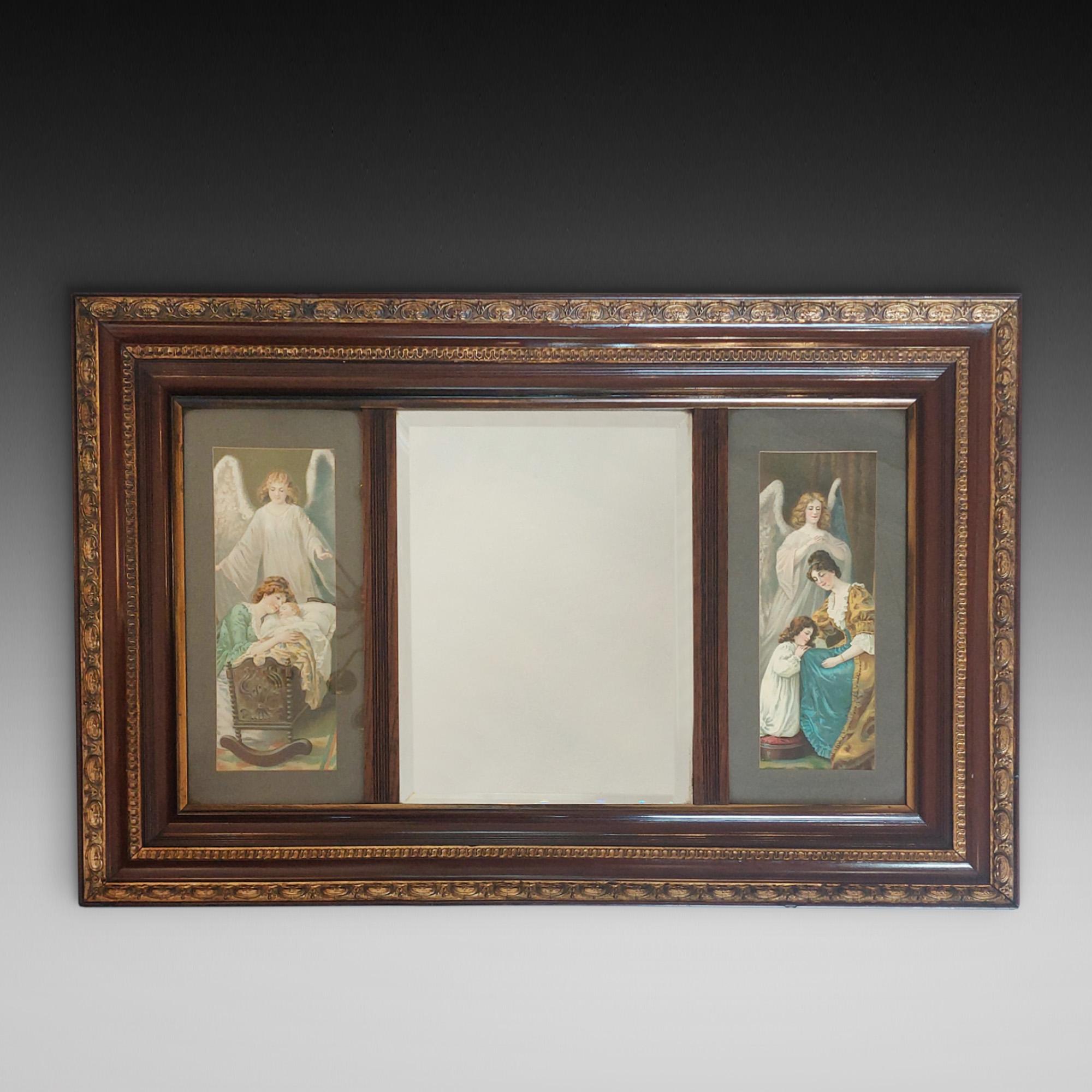 Late 19thC Walnut Wall Mirror, the looking glass flanked by devotional chromolithographs of mother and child under the watchful gaze of a guardian angel  - 37
