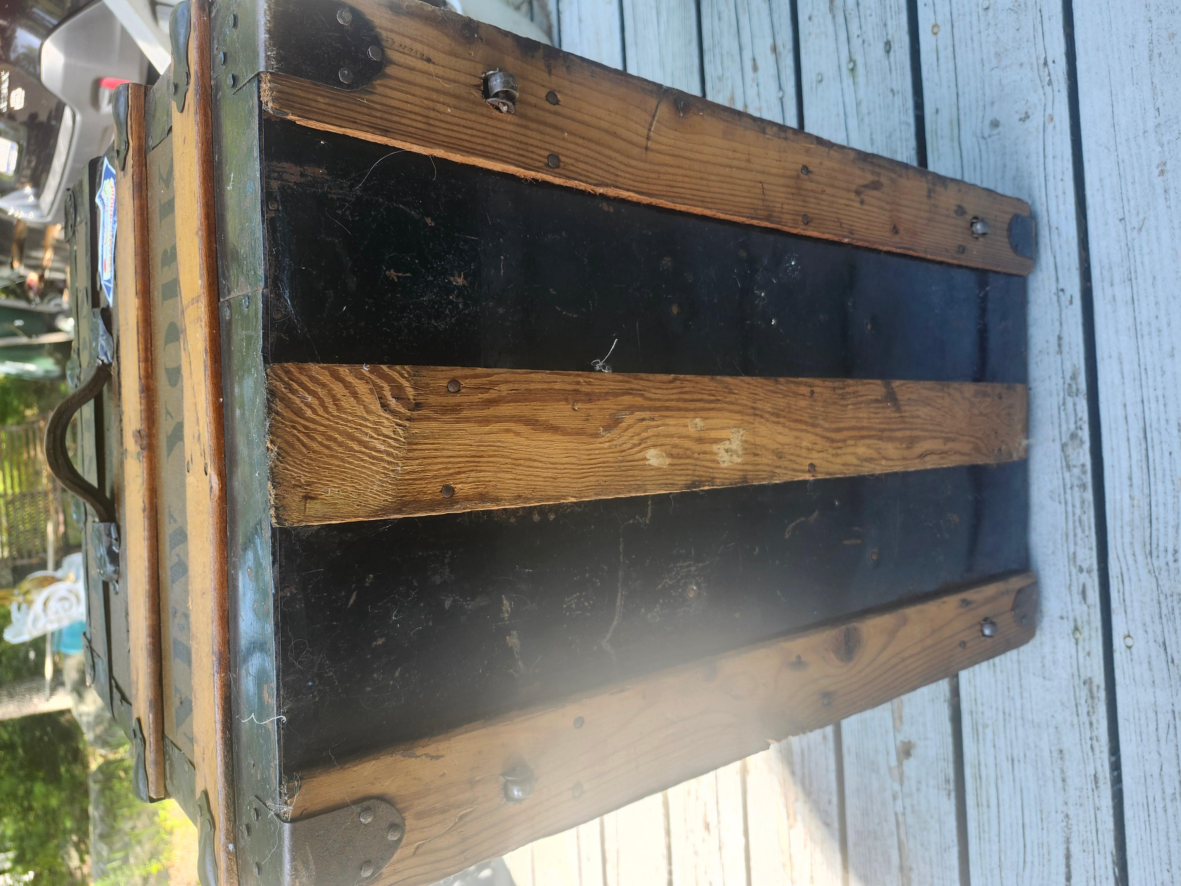 Late 19thC Wood & Metal Steamer Trunk New York To London Cocktail Table For Sale 6