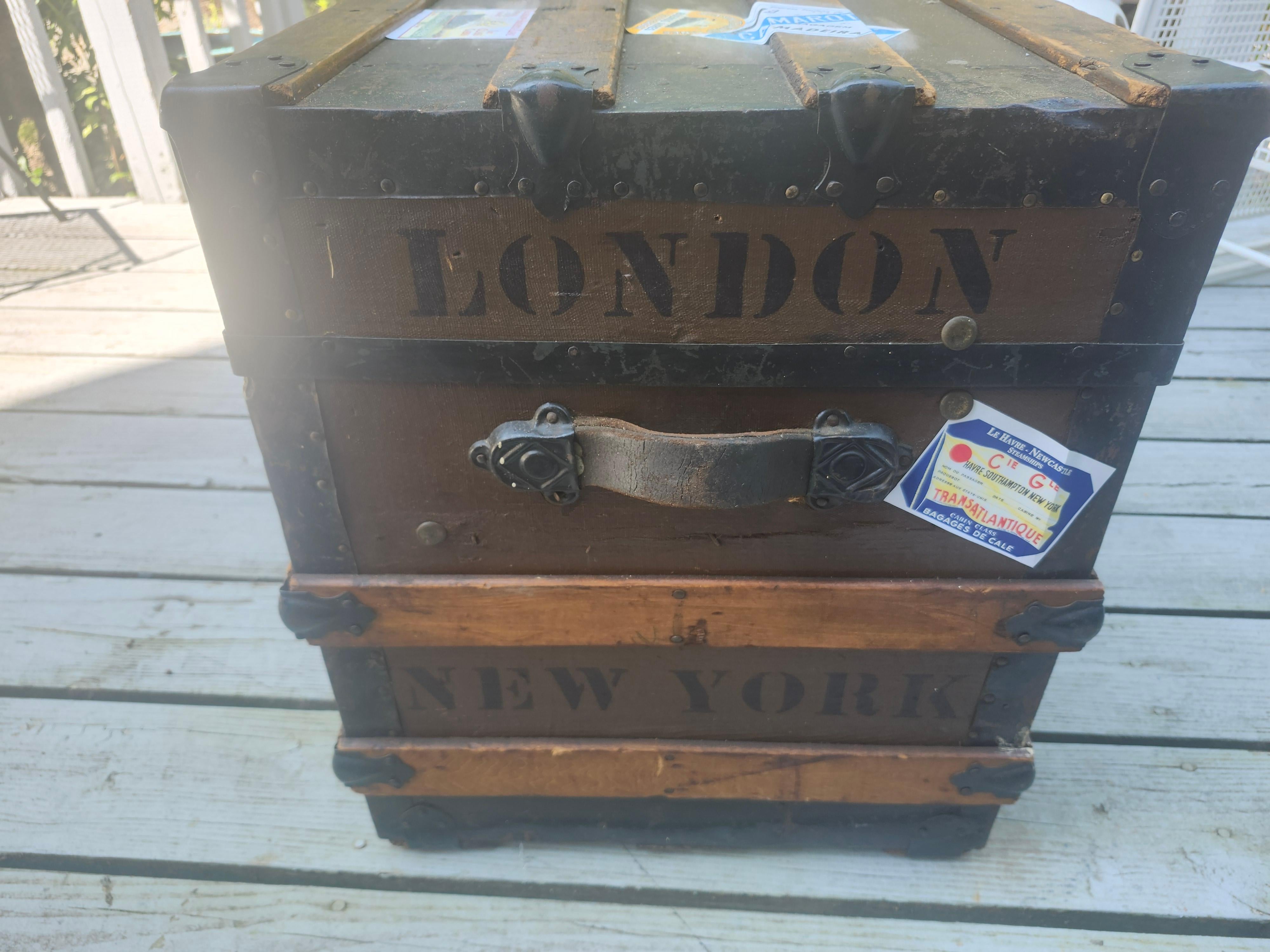 Late 19thC Wood & Metal Steamer Trunk New York To London Cocktail Table For Sale 8
