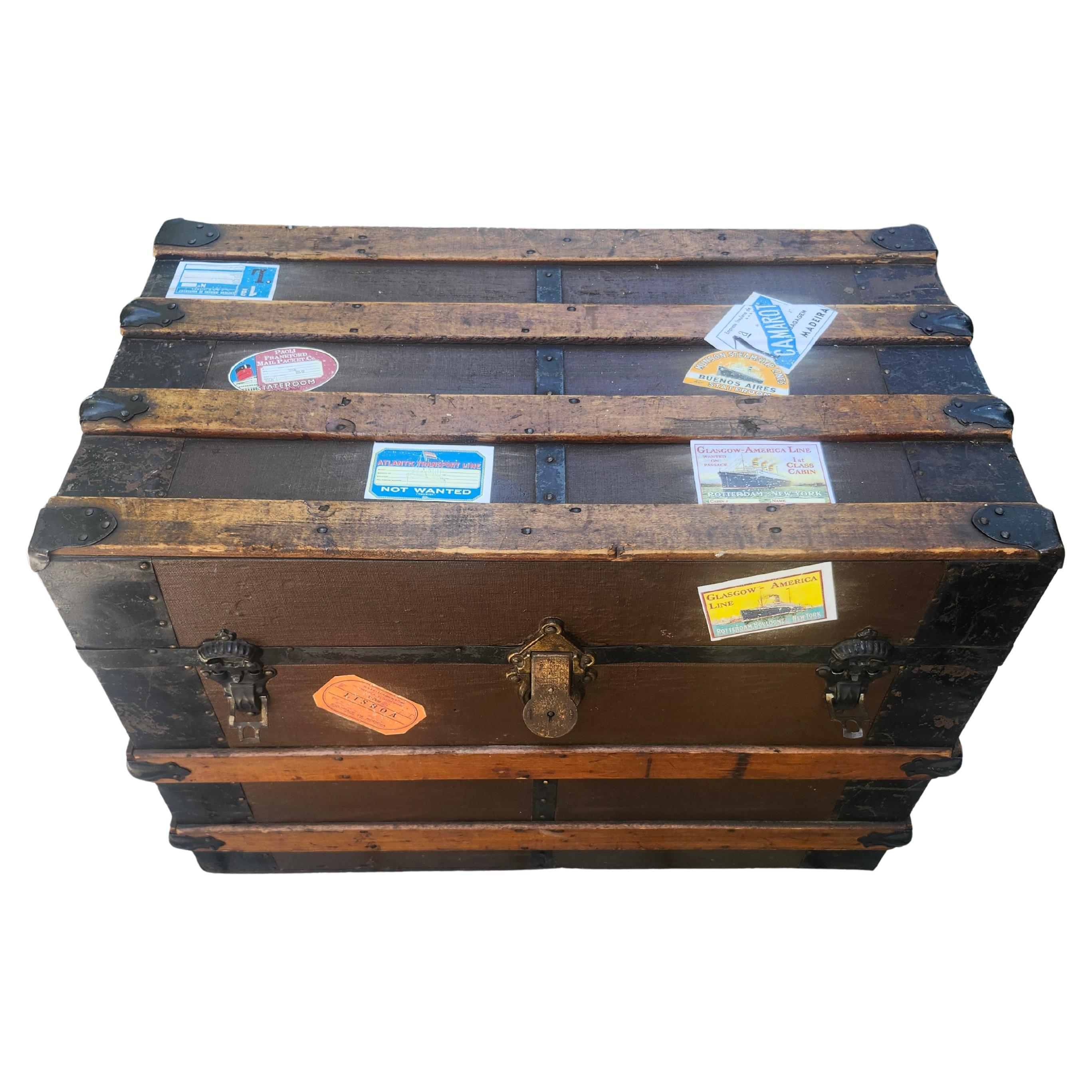 Industrial Late 19thC Wood & Metal Steamer Trunk New York To London Cocktail Table For Sale