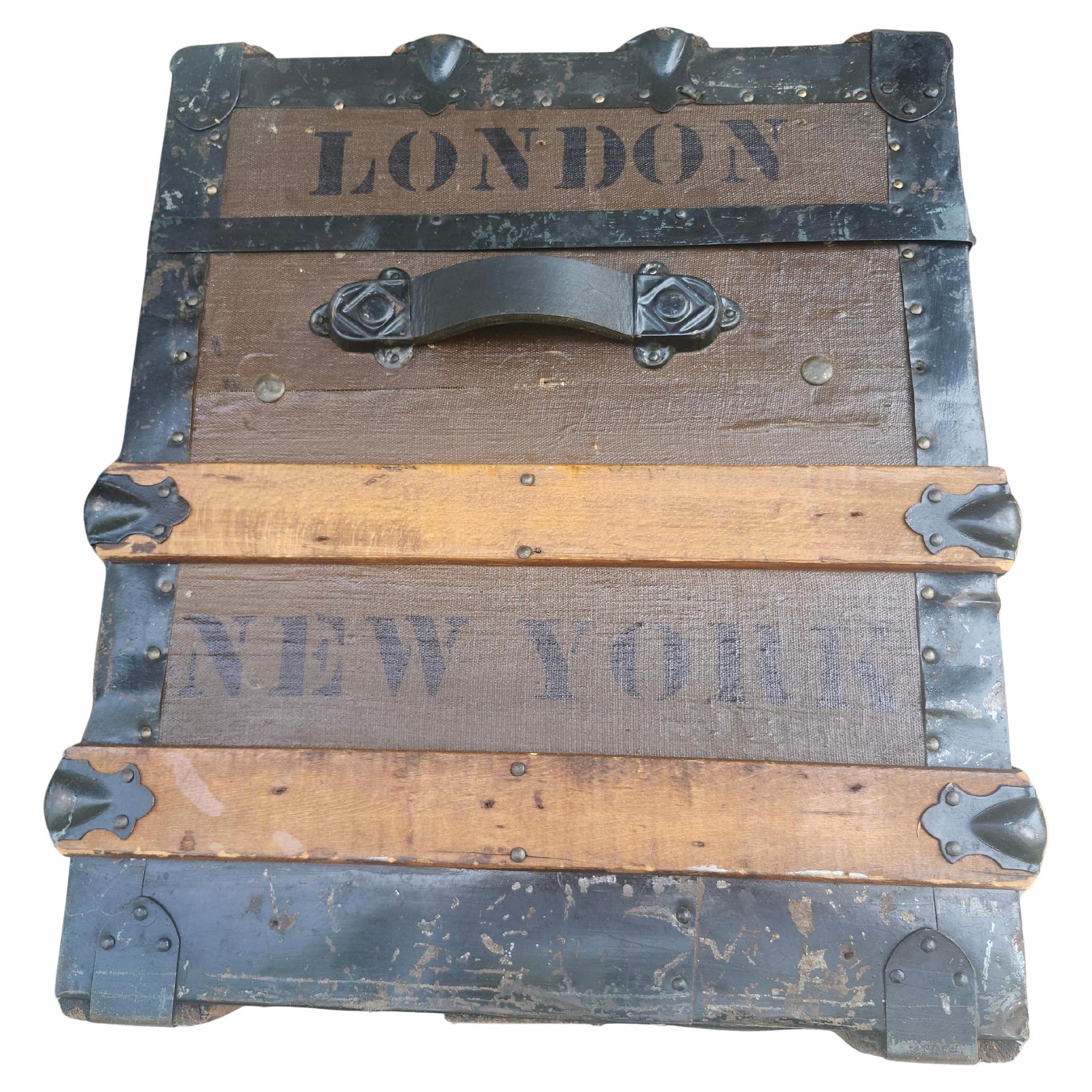 American Late 19thC Wood & Metal Steamer Trunk New York To London Cocktail Table For Sale