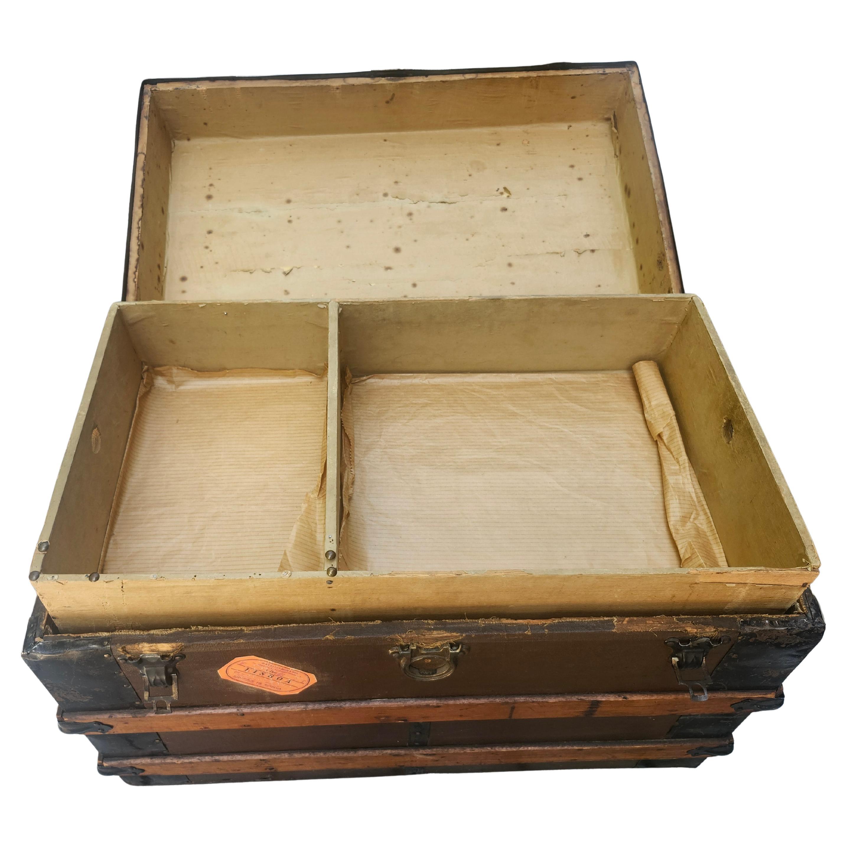 Hand-Crafted Late 19thC Wood & Metal Steamer Trunk New York To London Cocktail Table For Sale