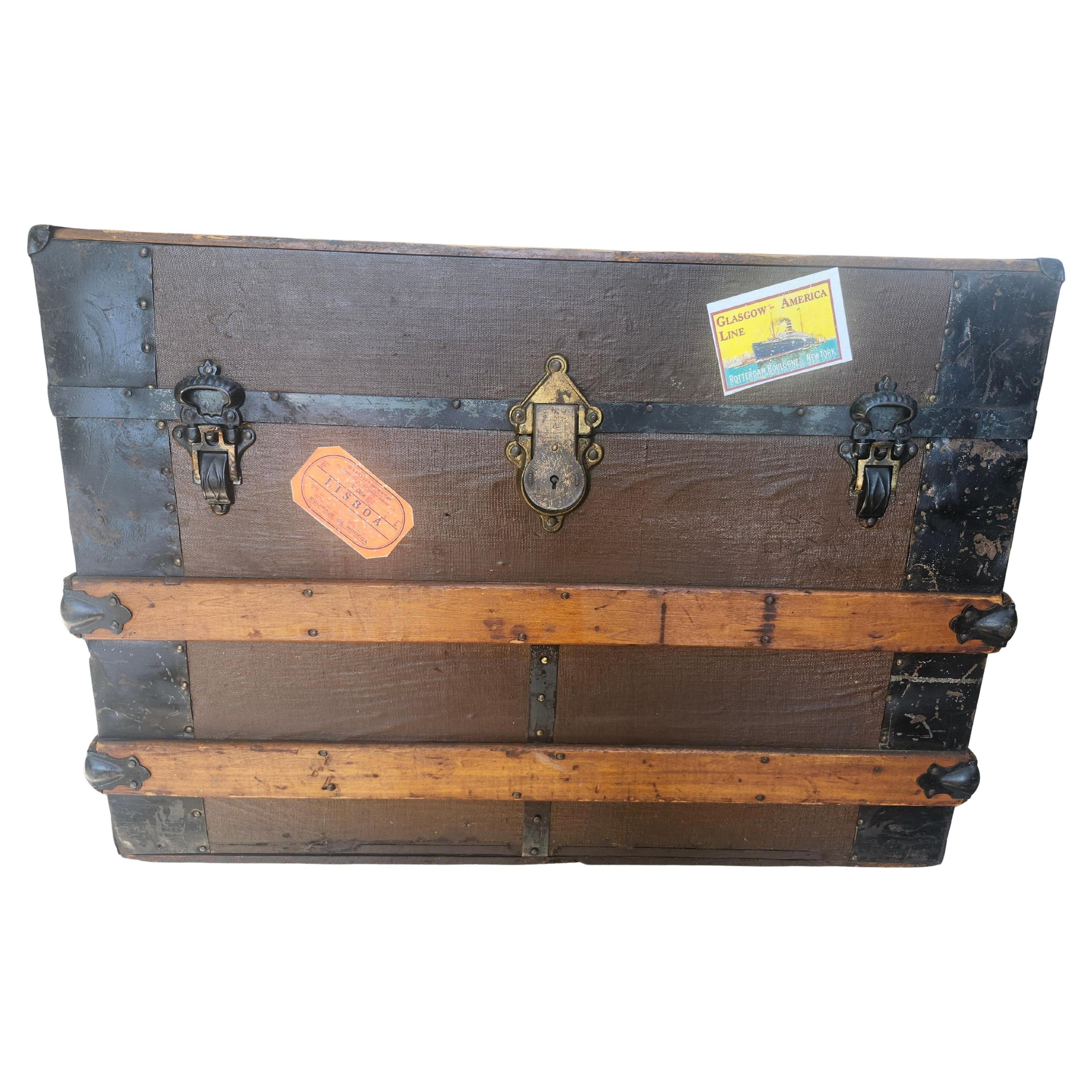 Late 19thC Wood & Metal Steamer Trunk New York To London Cocktail Table For Sale 1