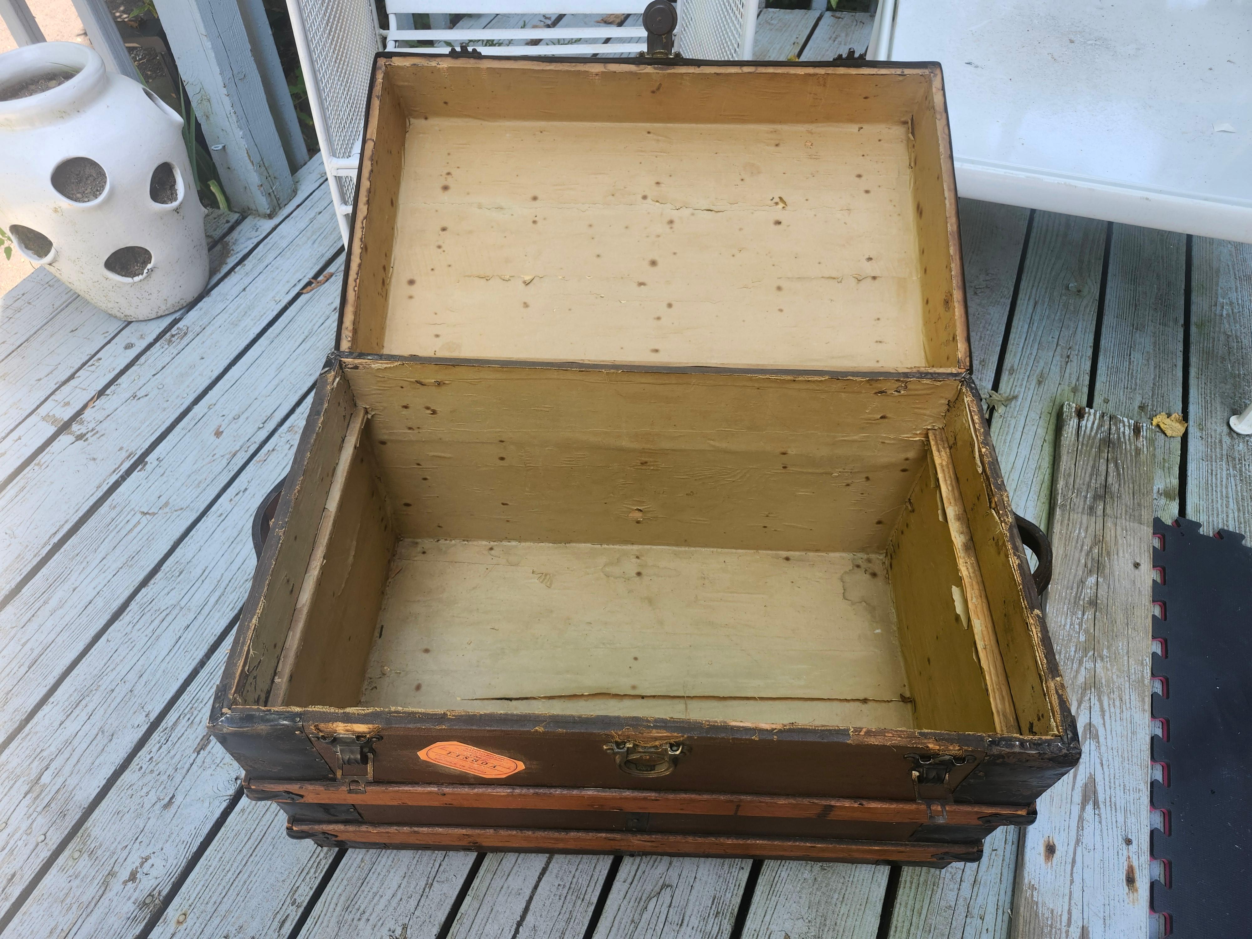 Late 19thC Wood & Metal Steamer Trunk New York To London Cocktail Table For Sale 2