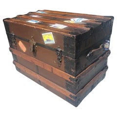 Late 19thC Wood & Metal Steamer Trunk New York To London Cocktail Table