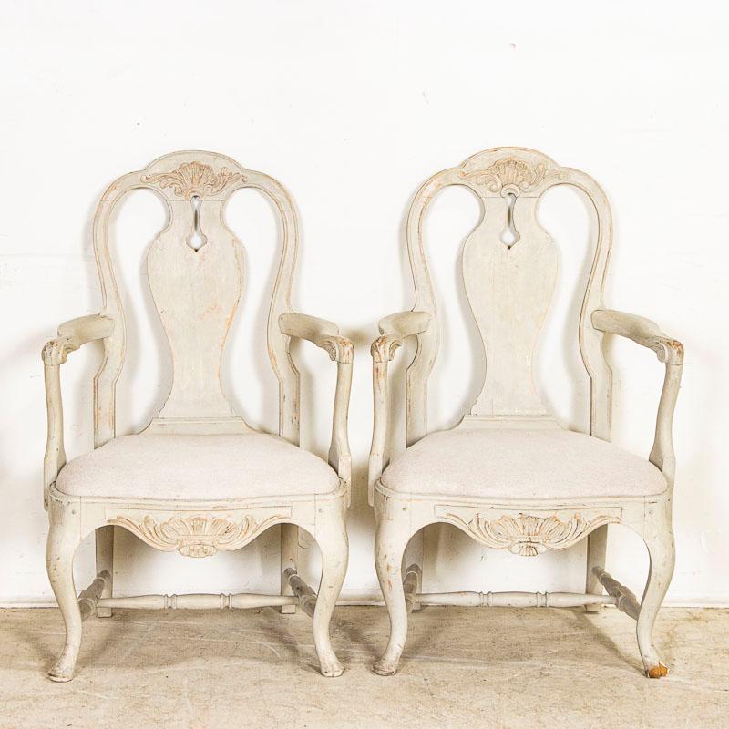 Late 19th Century Antique Pair of Gray Painted Swedish Arm Chairs In Good Condition For Sale In Round Top, TX
