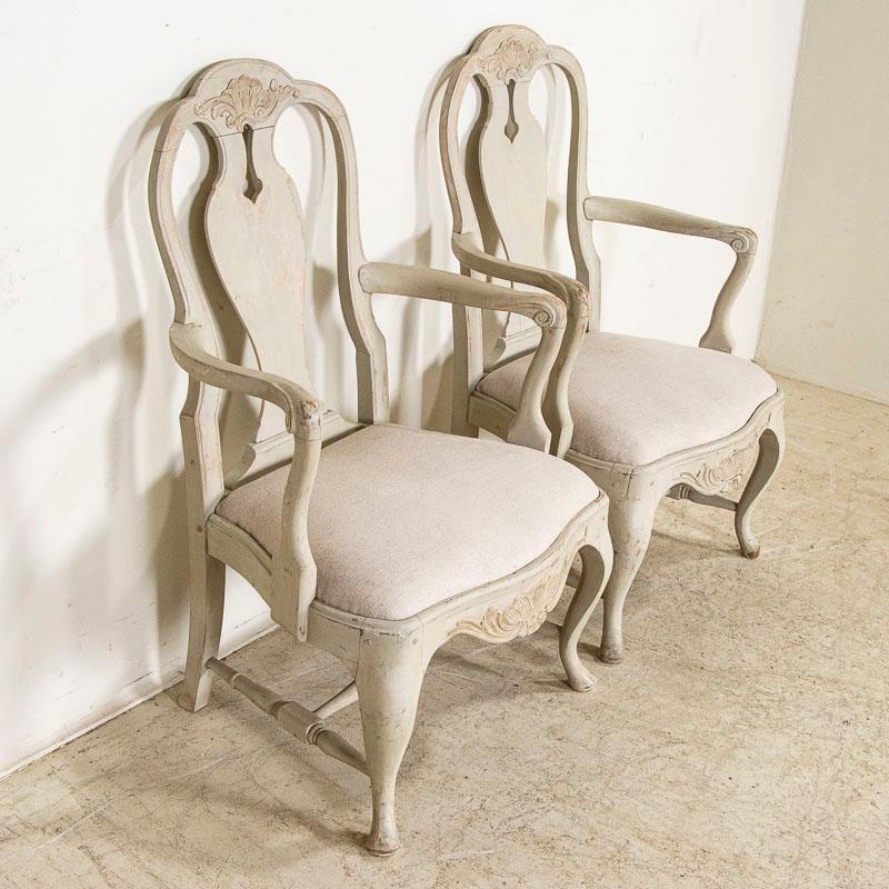Late 19th Century Antique Pair of Gray Painted Swedish Arm Chairs For Sale 2