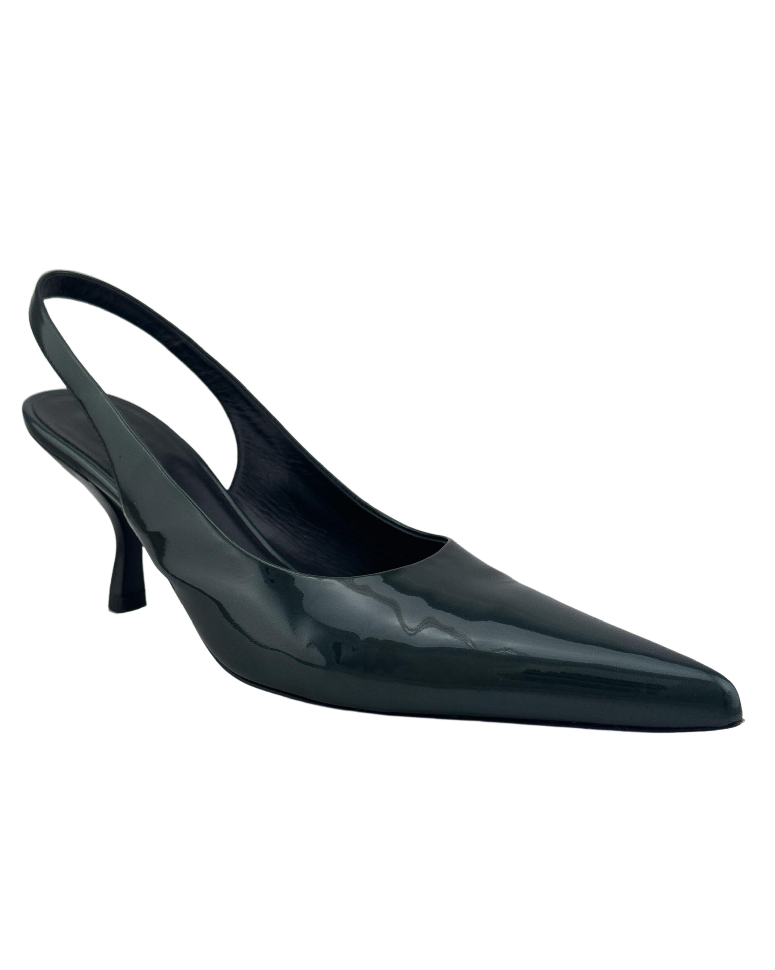 Sleek and minimal The Row Bourgeois sling back pumps from the late 2000's. Hunter green patent leather body with black heel and sole. Elongated pointy toe and a structural comma shaped 2