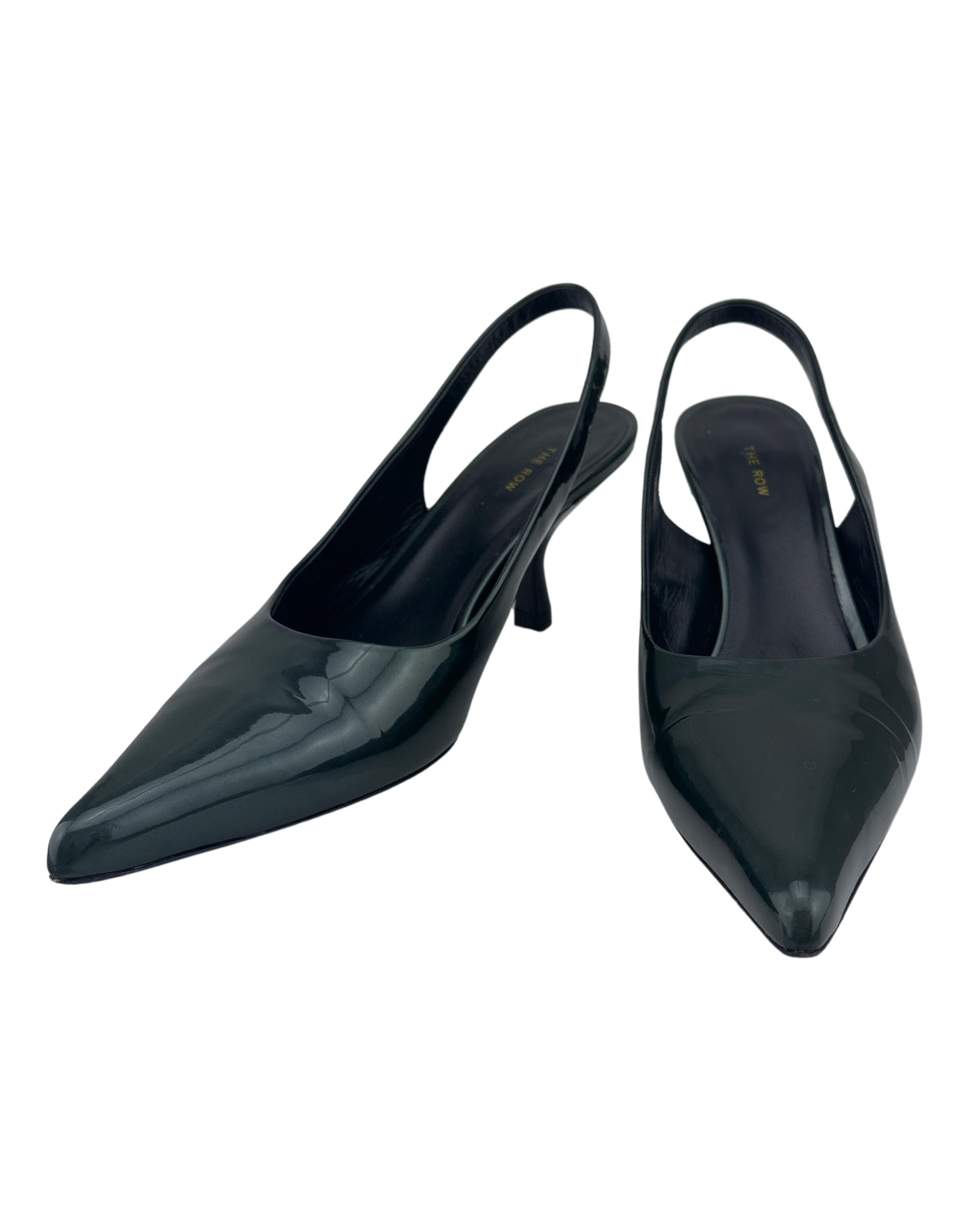 Black The Row Dark Green Patent Leather Bourgeois Sling Back Pumps For Sale