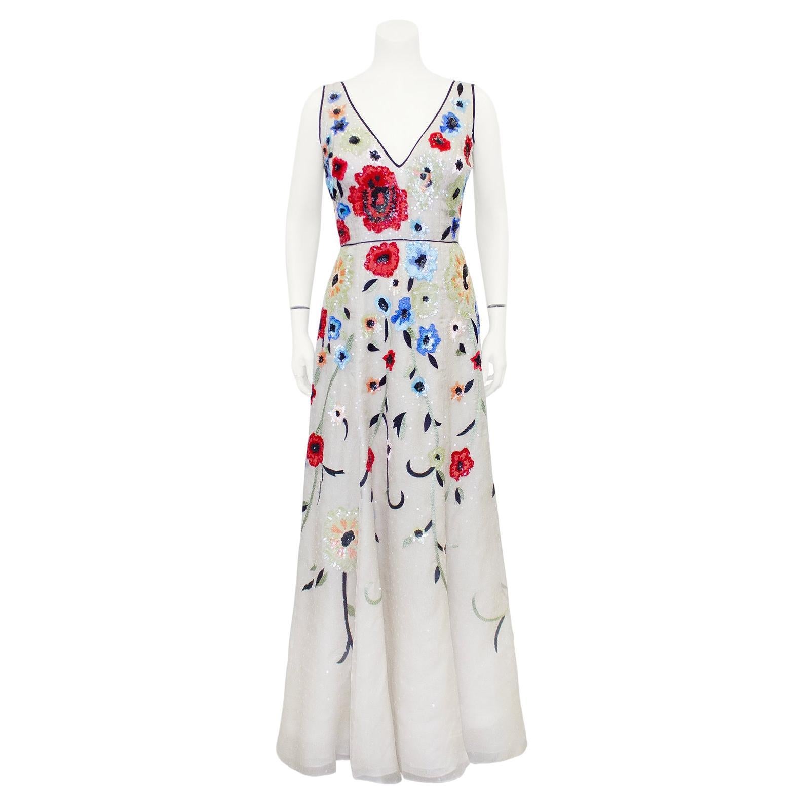 Late 2010s Dennis Basso Floral Beaded Gown For Sale