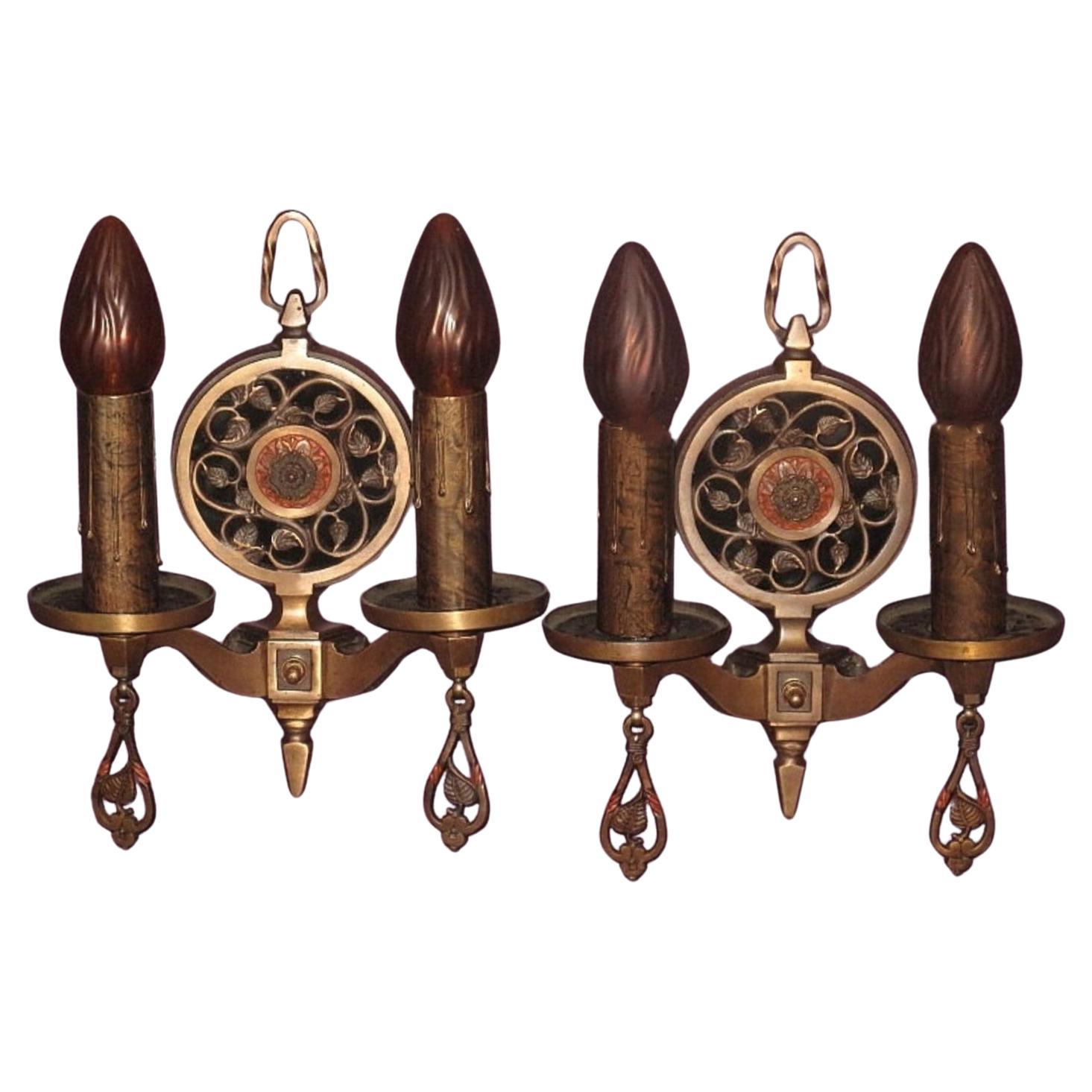 Late 20s Vintage Solid Bronze 2 Lights Sconces 3 pair available