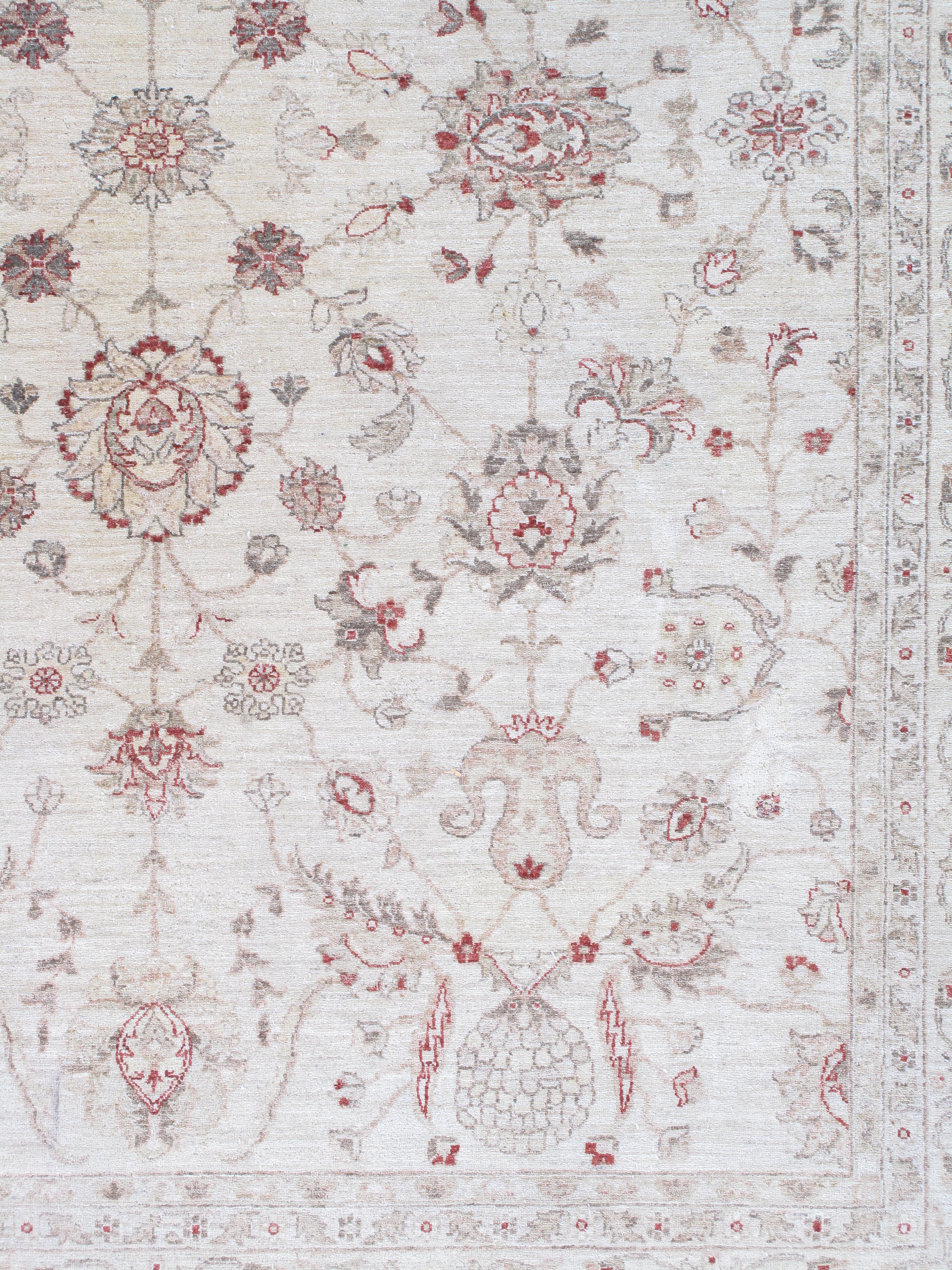 20th Century Late 20st Century Modern Peshawar Carpet, Ivory Field, Ivory Border, Gray, Coral For Sale