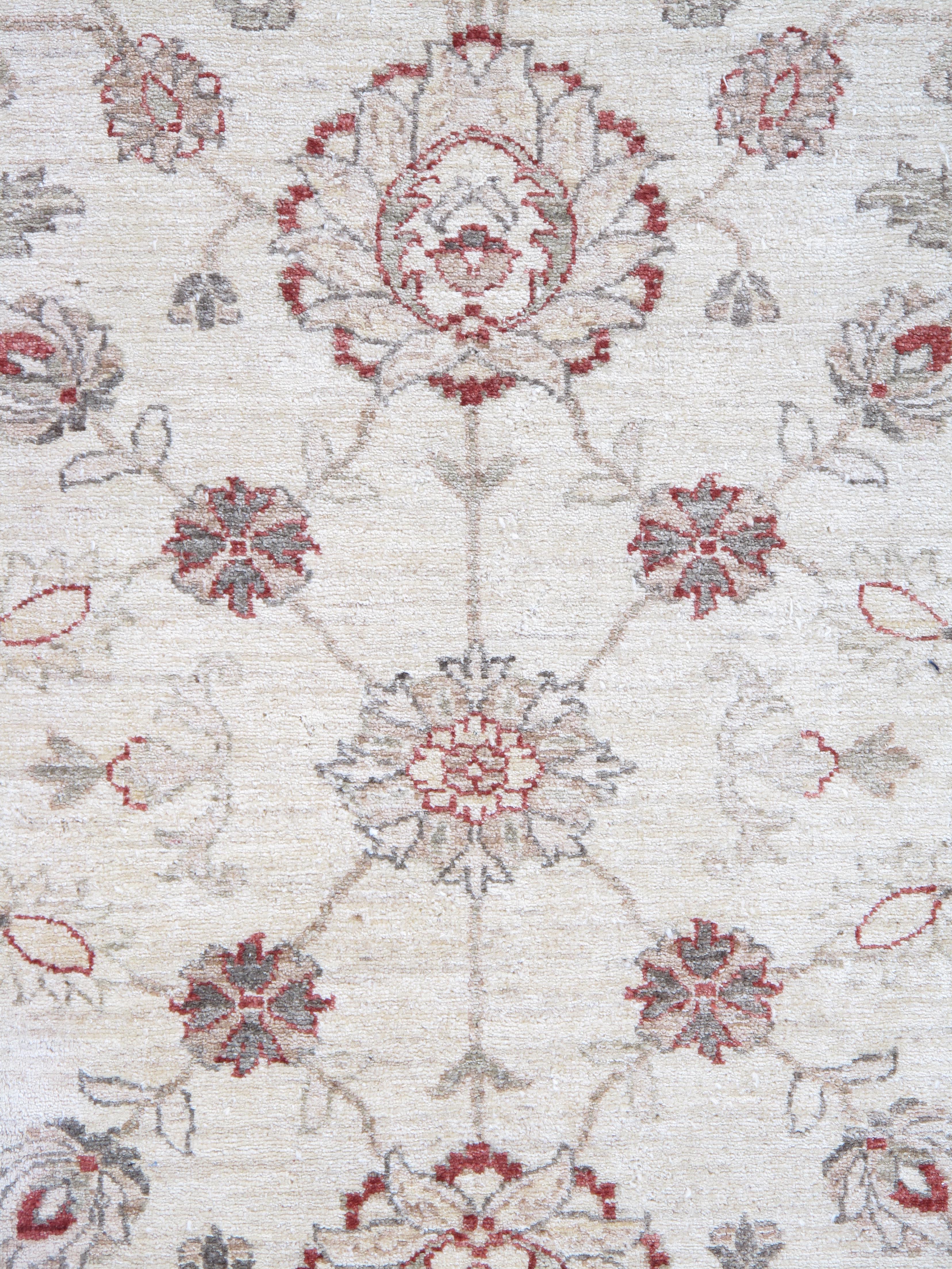 Wool Late 20st Century Modern Peshawar Carpet, Ivory Field, Ivory Border, Gray, Coral For Sale