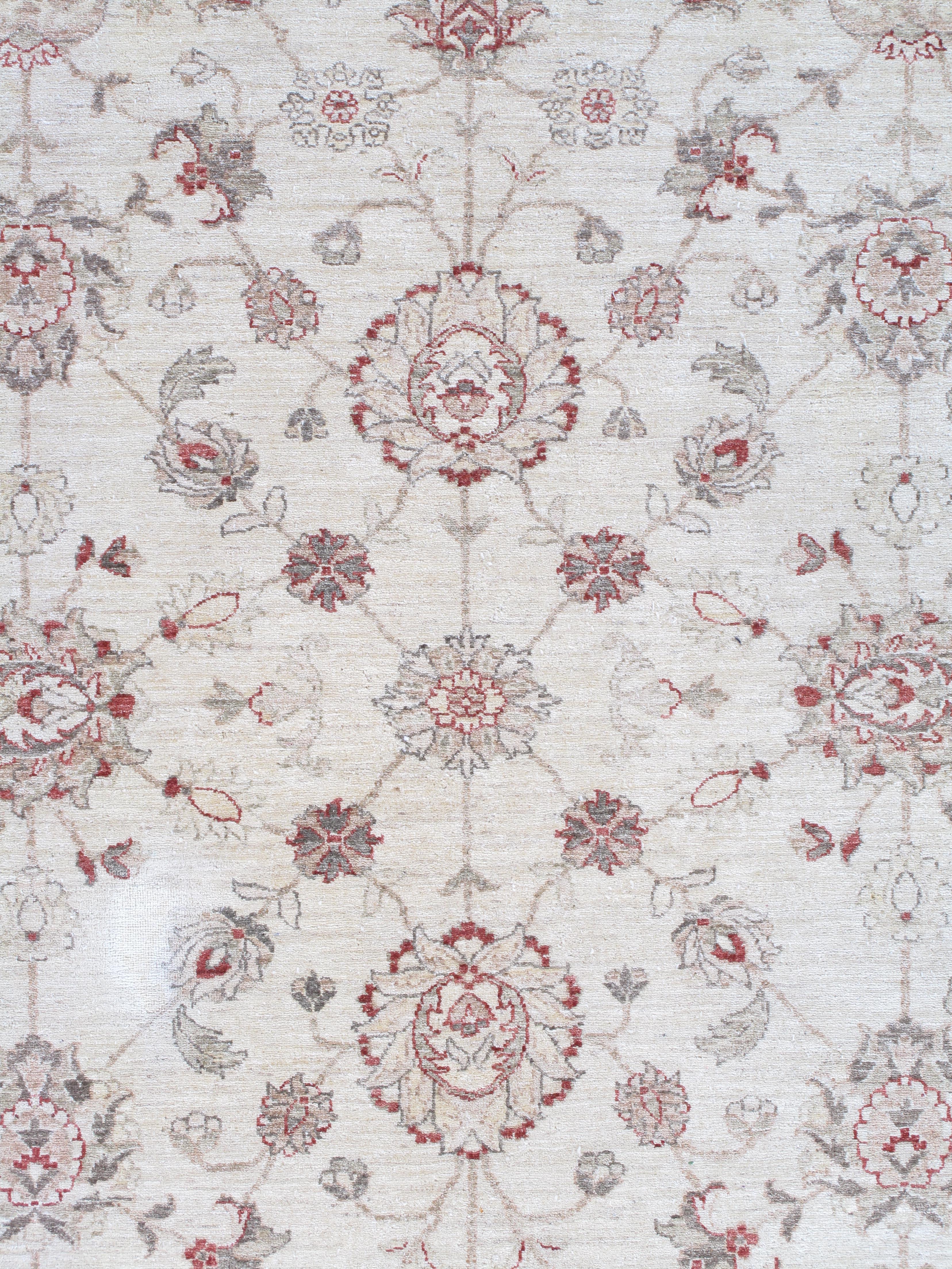 Late 20st Century Modern Peshawar Carpet, Ivory Field, Ivory Border, Gray, Coral For Sale 1