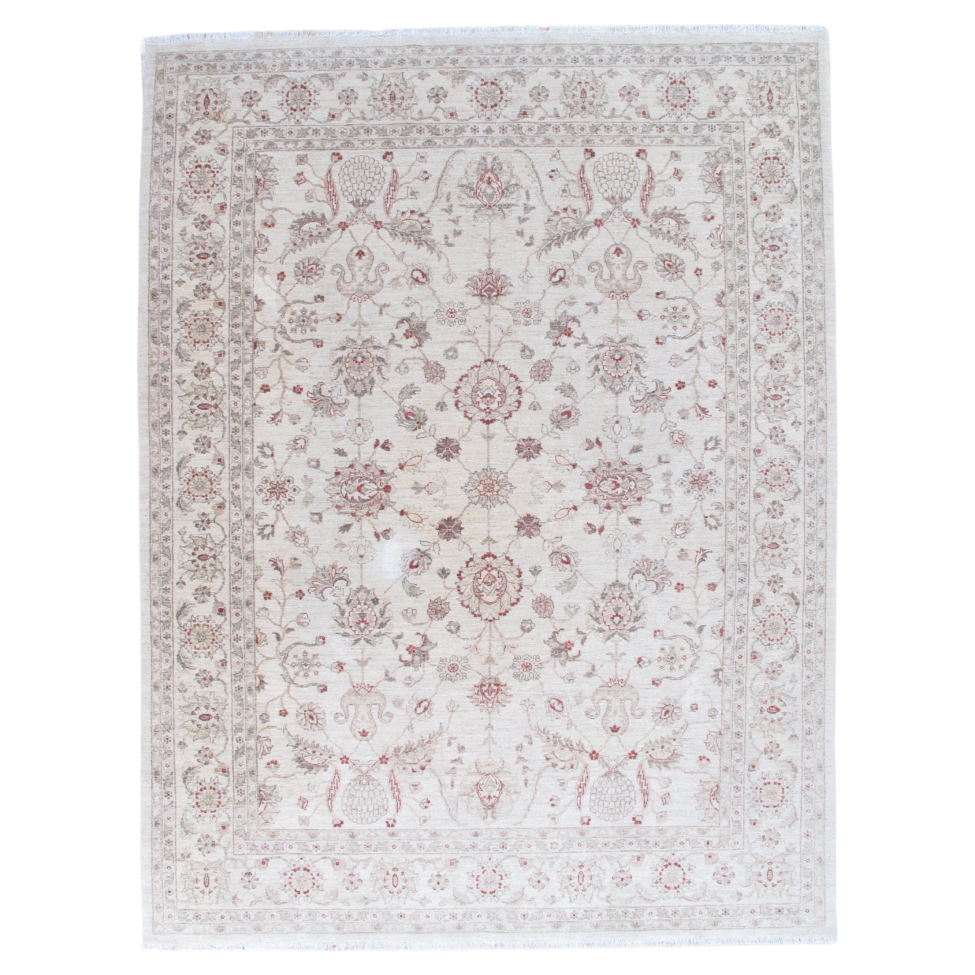 Late 20st Century Modern Peshawar Carpet, Ivory Field, Ivory Border, Gray, Coral For Sale