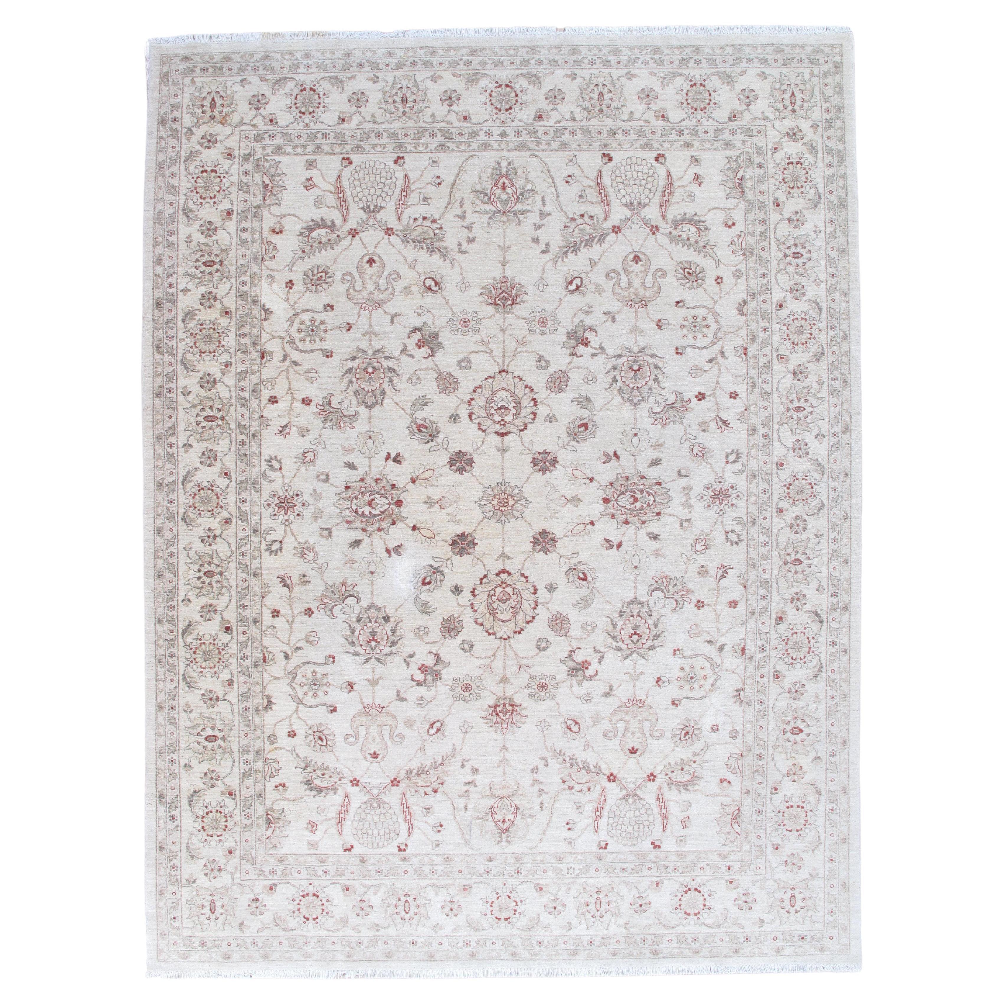 Late 20st Century Modern Peshawar Carpet, Ivory Field, Ivory Border, Gray, Coral