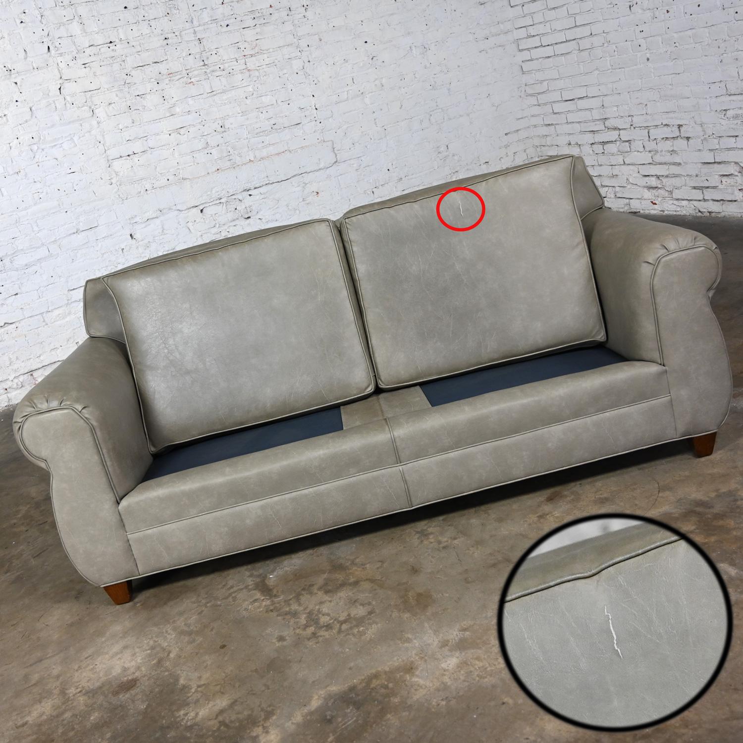 Late 20t Century Bridgewater Style Sofa Tight Back Taupe Gray Vinyl Faux Leather For Sale 4