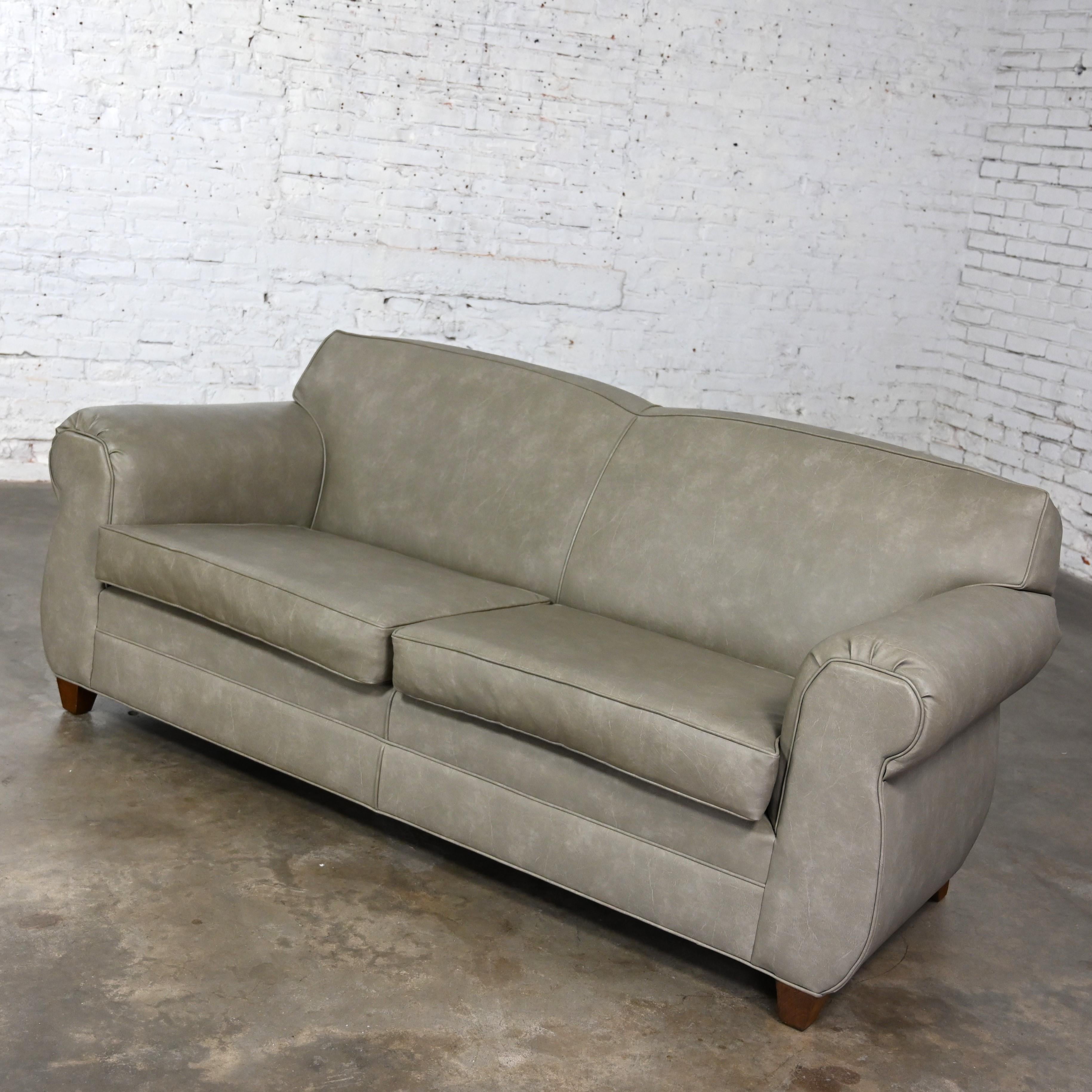 Late 20t Century Bridgewater Style Sofa Tight Back Taupe Gray Vinyl Faux Leather For Sale 5