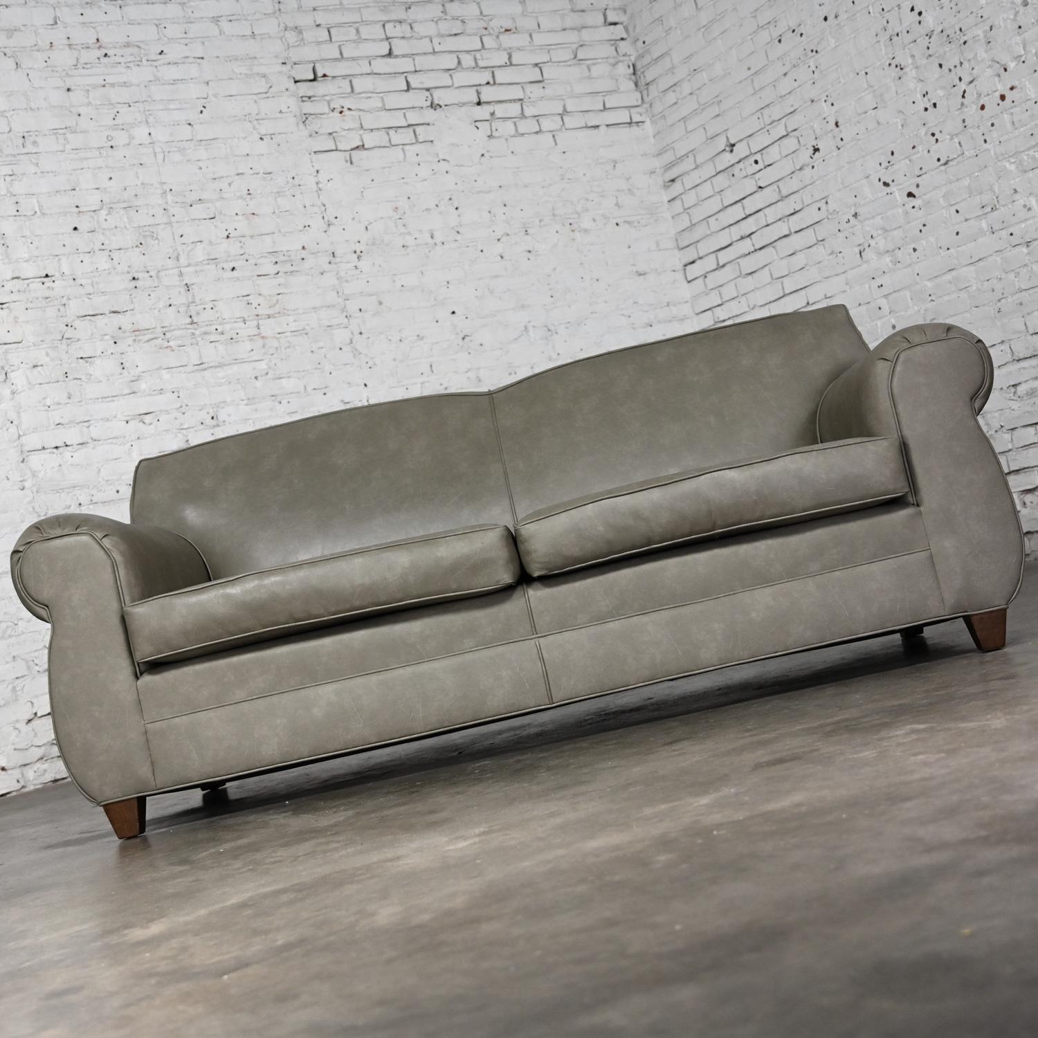 Late 20t Century Bridgewater Style Sofa Tight Back Taupe Gray Vinyl Faux Leather For Sale 6
