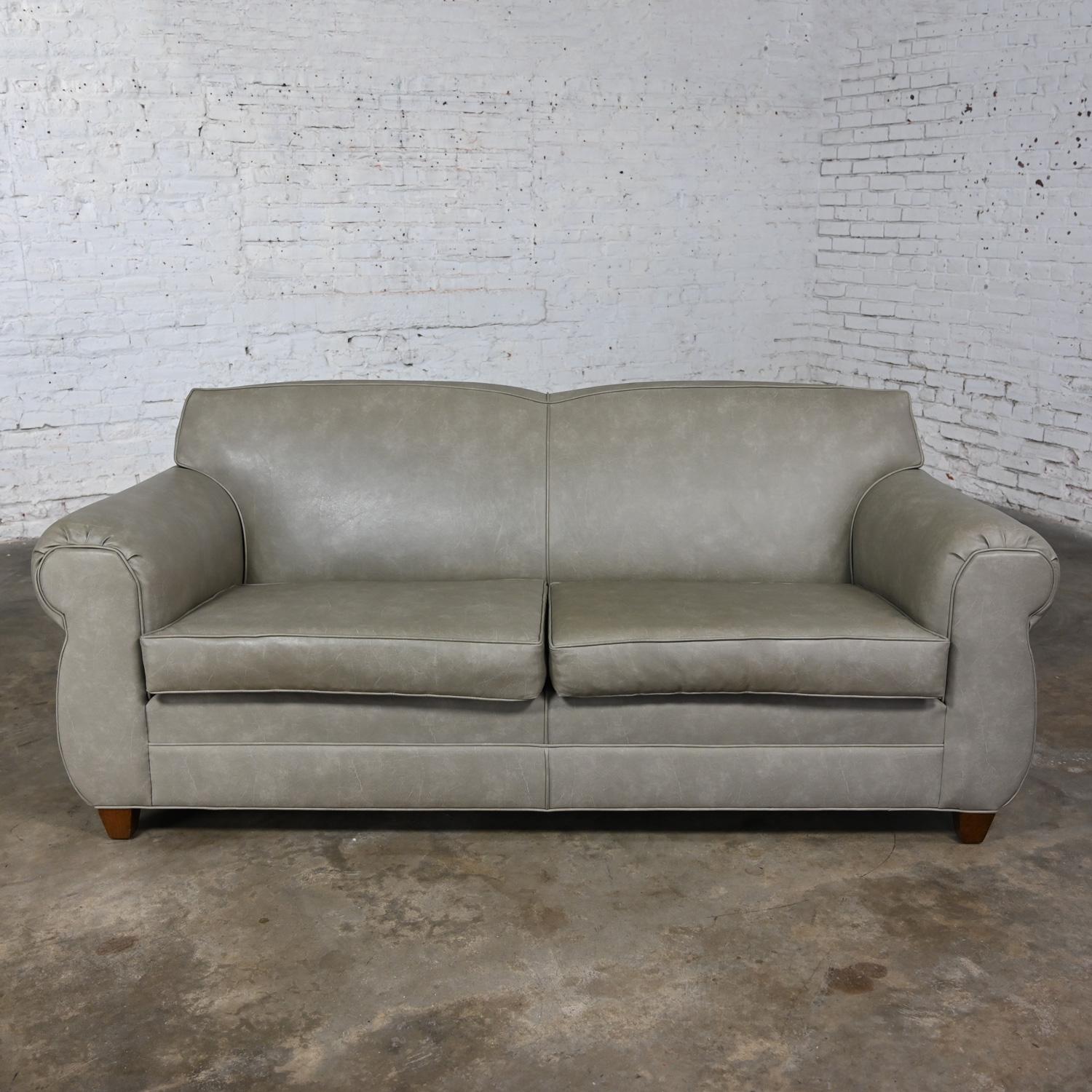 Late 20t Century Bridgewater Style Sofa Tight Back Taupe Gray Vinyl Faux Leather For Sale 10