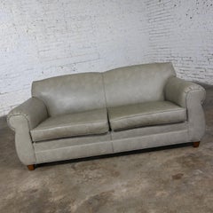 Late 20t Century Bridgewater Style Sofa Tight Back Taupe Gray Vinyl Faux Leather