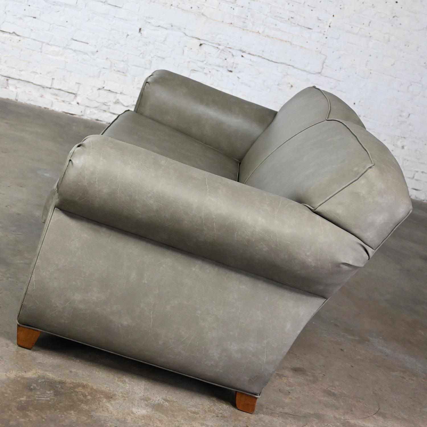 Late 20t Century Bridgewater Style Sofa Tight Back Taupe Gray Vinyl Faux Leather For Sale 1