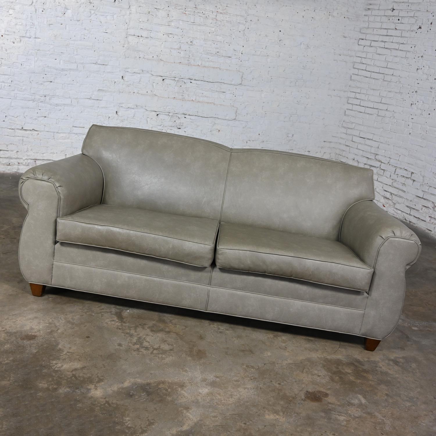 Late 20t Century Bridgewater Style Sofa Tight Back Taupe Gray Vinyl Faux Leather For Sale 3