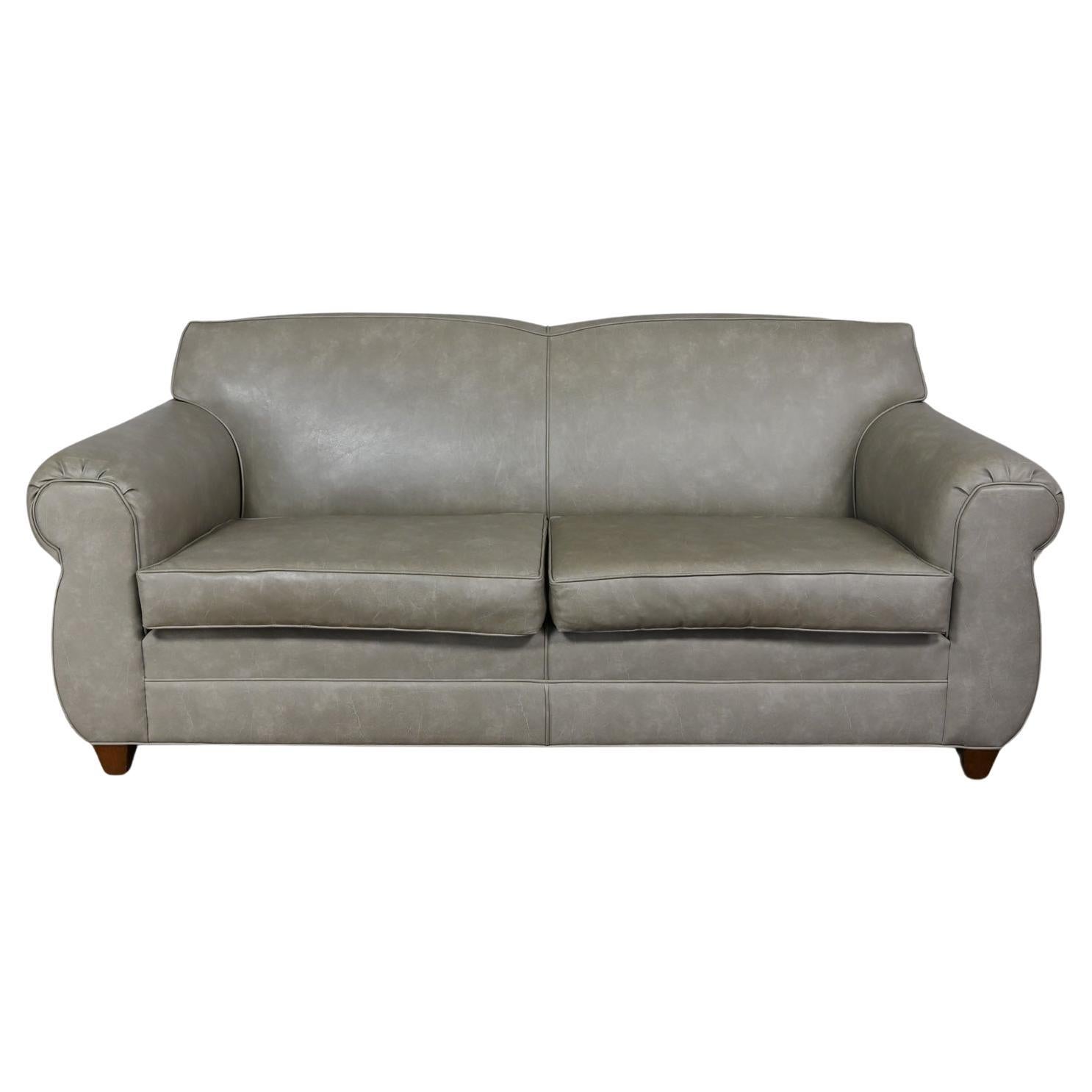 Late 20t Century Bridgewater Style Sofa Tight Back Taupe Gray Vinyl Faux Leather For Sale