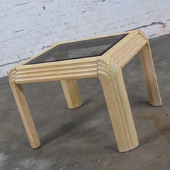 Late 20th Art Deco Revival Antique White Cerused Oak & Smoke Glass End Table