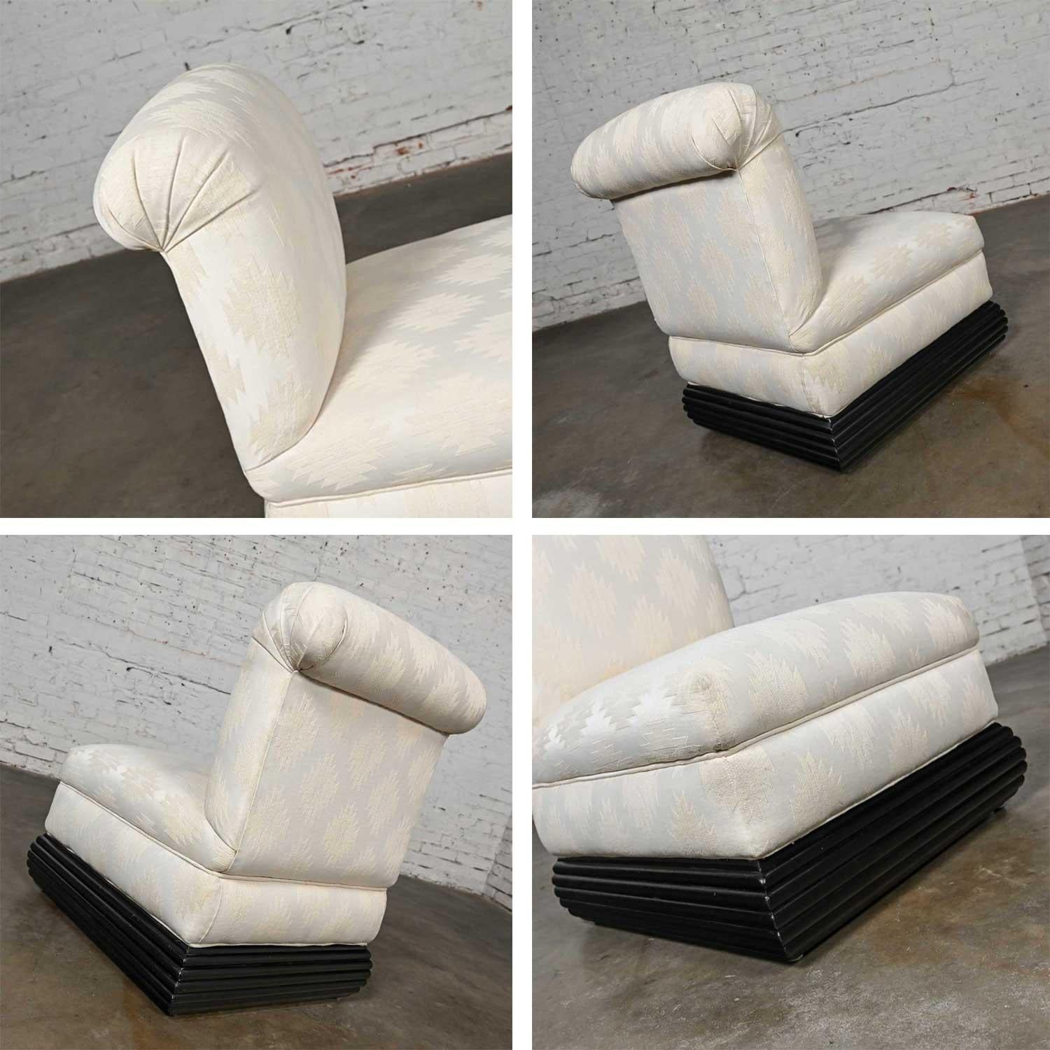 Late 20th Art Deco Revival off White Slipper Chair Rolled Back & Black Wood Base For Sale 10