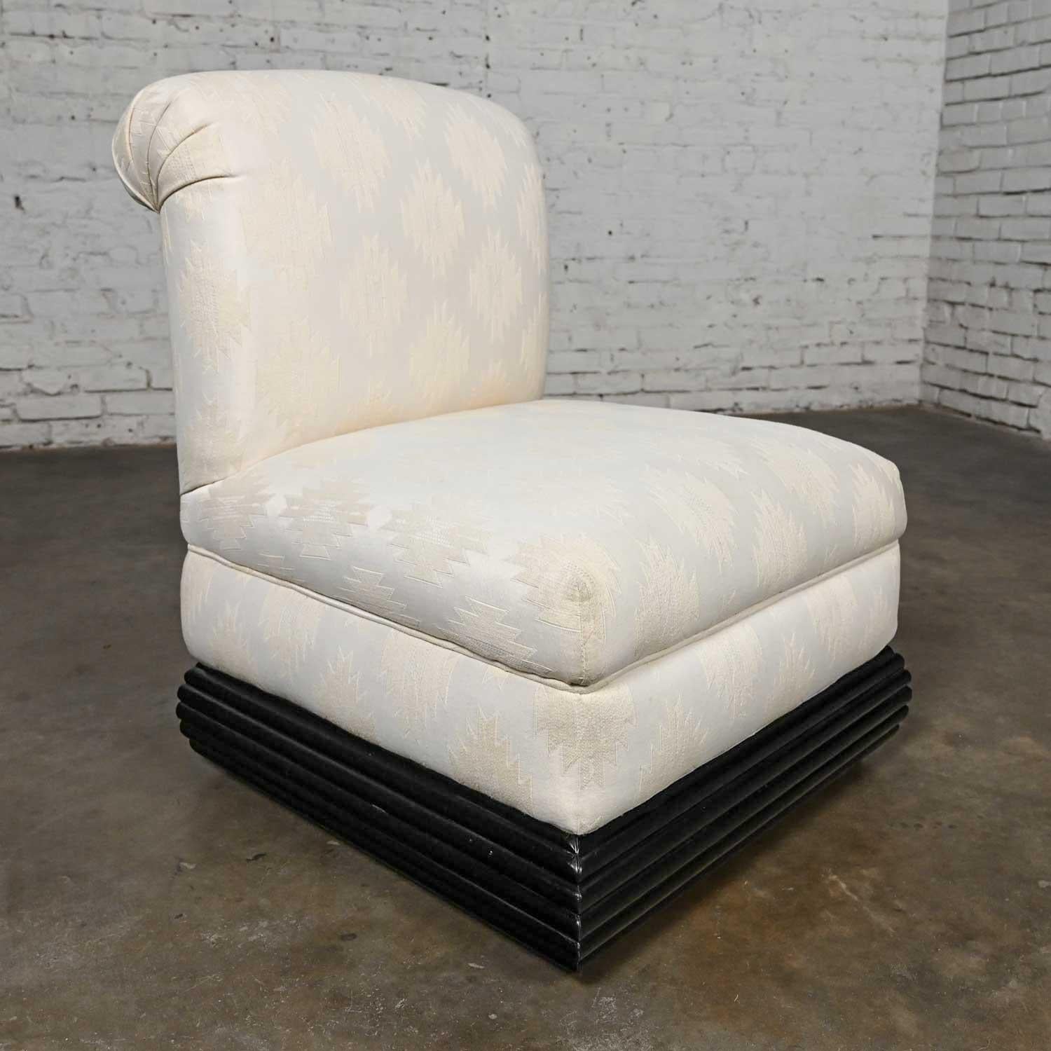 Late 20th Art Deco Revival off White Slipper Chair Rolled Back & Black Wood Base 11