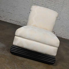 Late 20th Art Deco Revival off White Slipper Chair Rolled Back & Black Wood Base