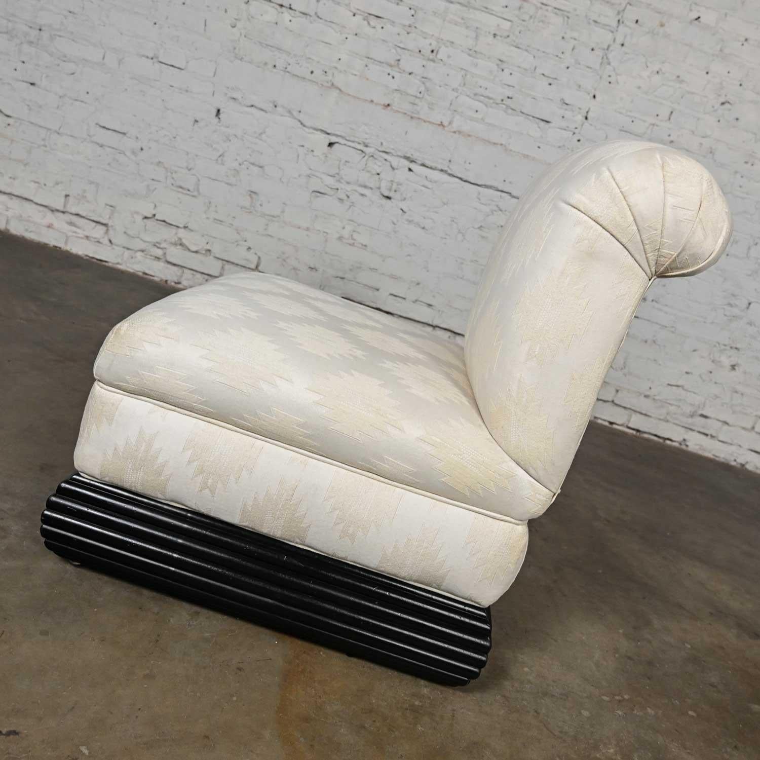 Fabric Late 20th Art Deco Revival off White Slipper Chair Rolled Back & Black Wood Base For Sale