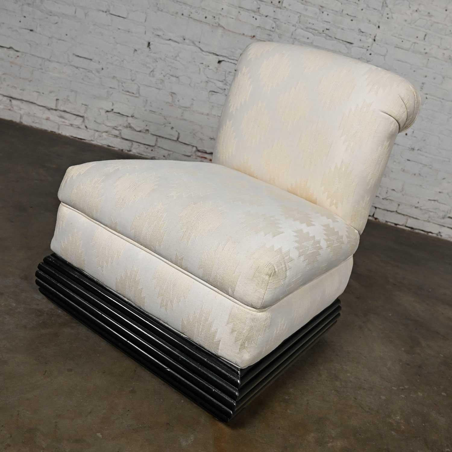 Late 20th Art Deco Revival off White Slipper Chair Rolled Back & Black Wood Base For Sale 1