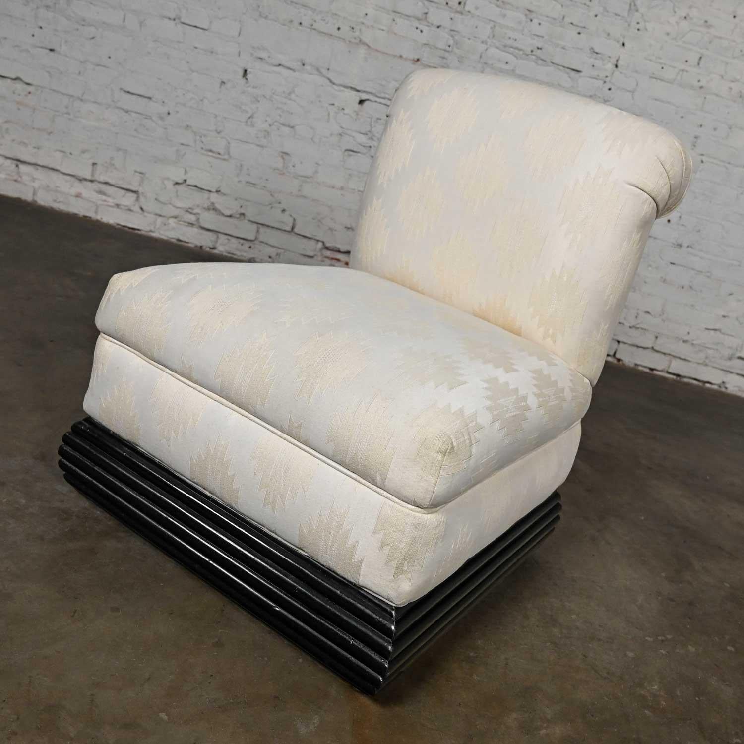 20th Century Late 20th Art Deco Revival off White Slipper Chair Rolled Back & Black Wood Base