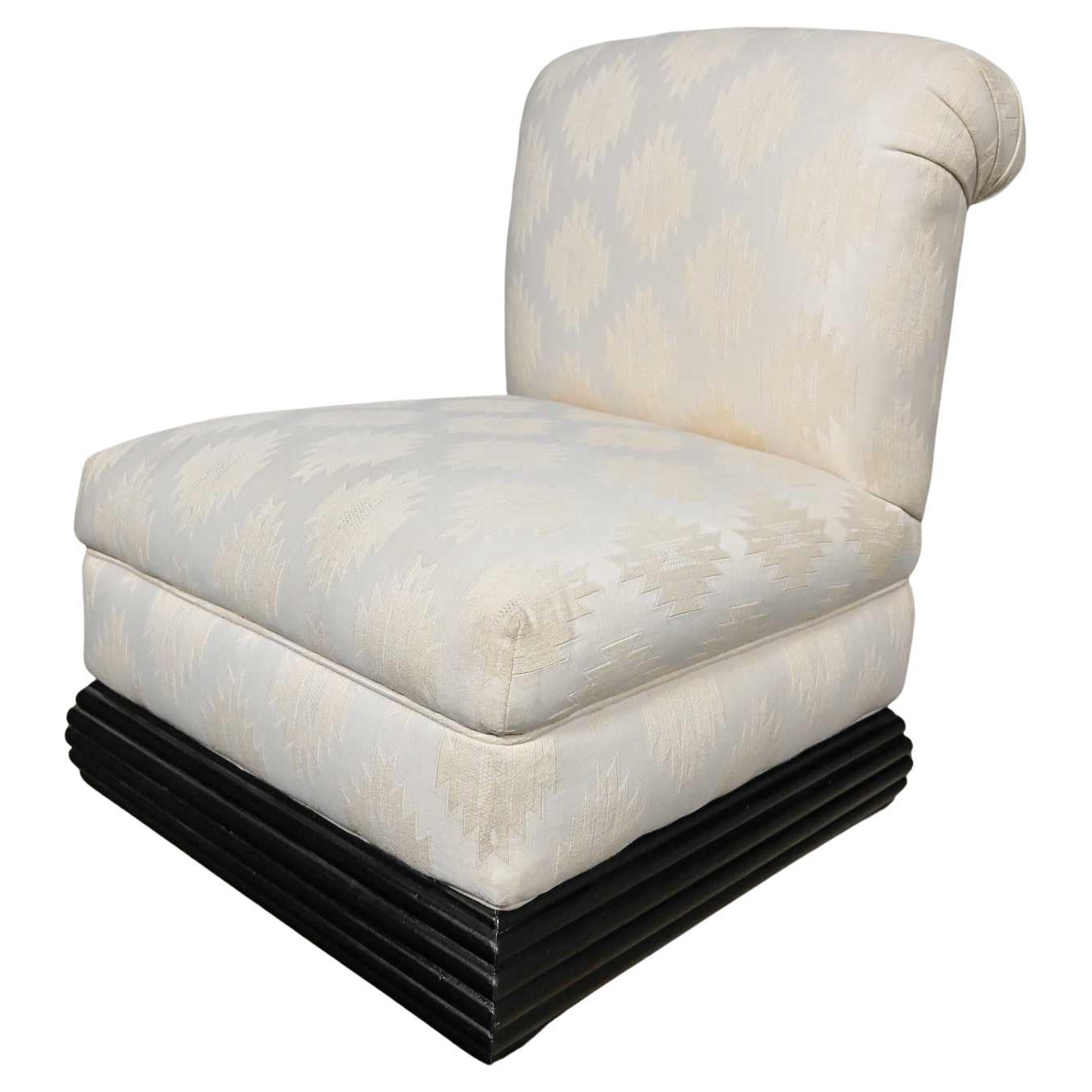 Late 20th Art Deco Revival off White Slipper Chair Rolled Back & Black Wood Base For Sale