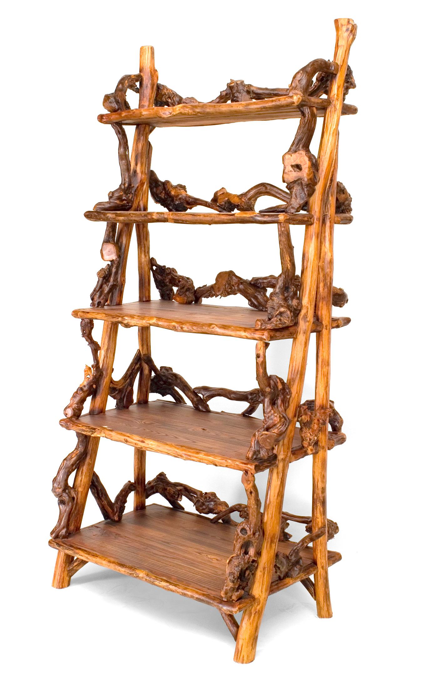 Late twentieth century rustic etagere comprised of five step back shelves secured with root filigree sides and backrails.