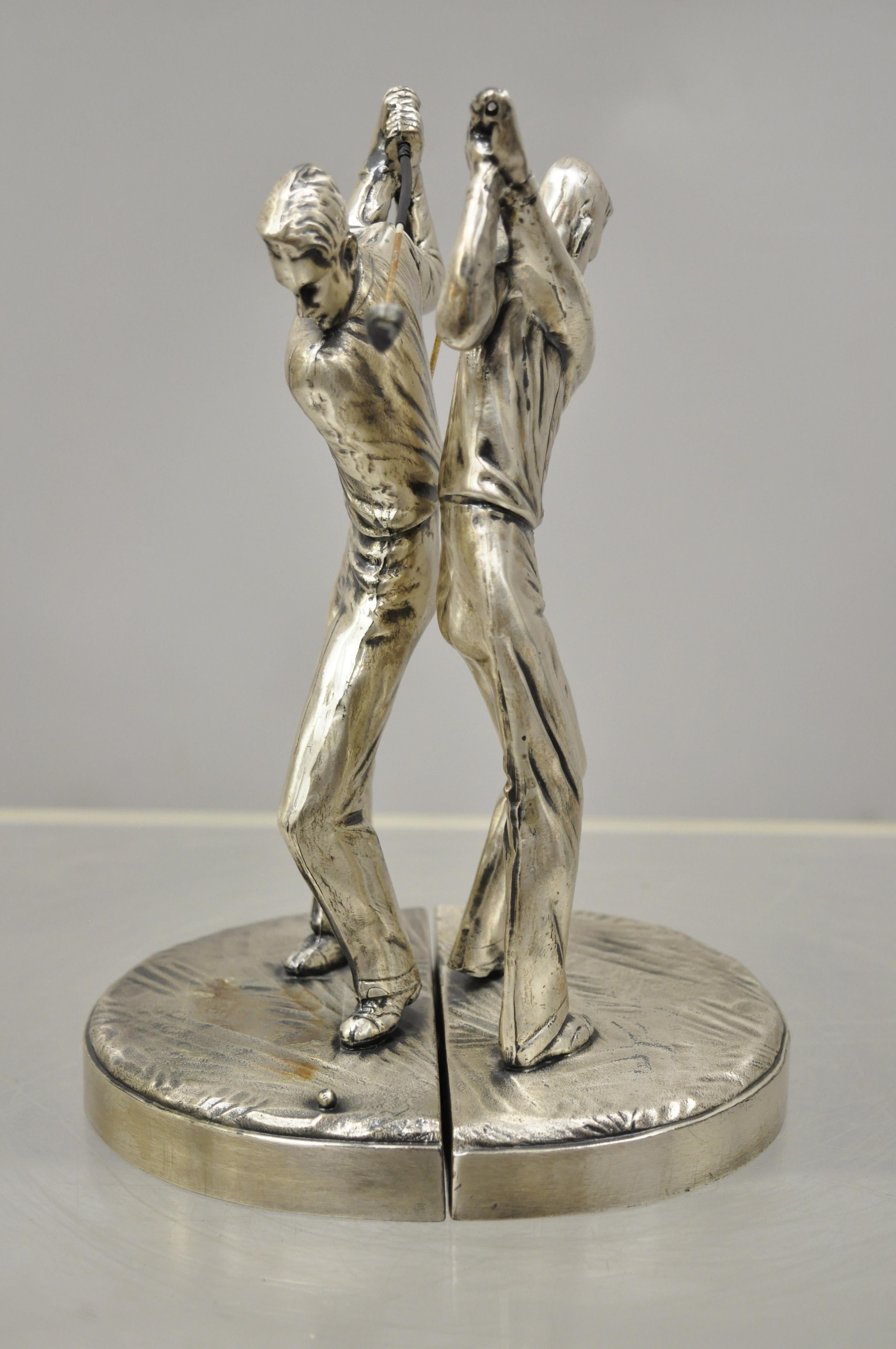 Art Deco Metal Silver Plate Golf Player Figural Bookends, a Pair 7