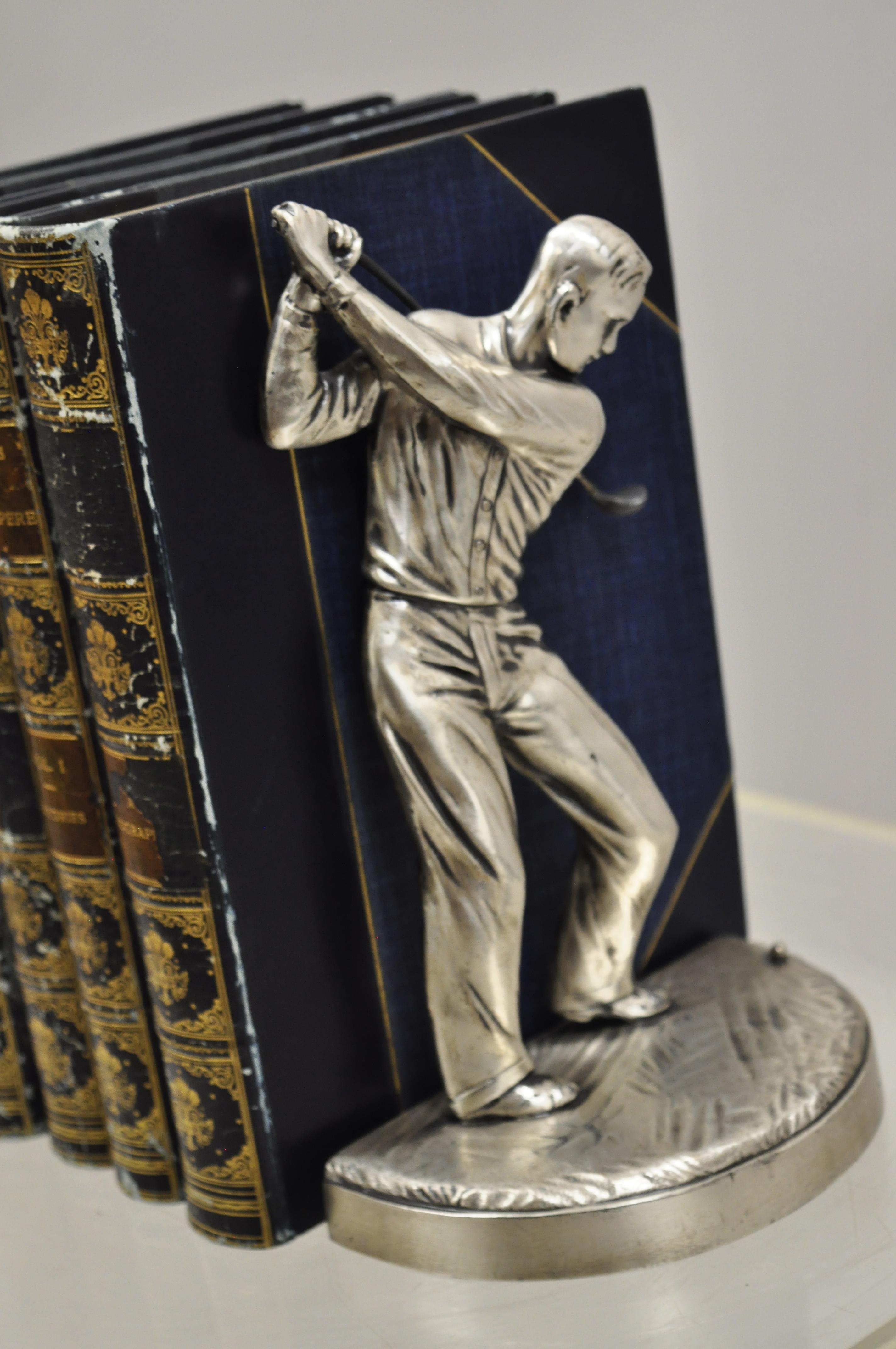Art Deco Metal Silver Plate Golf Player Figural Bookends, a Pair 1