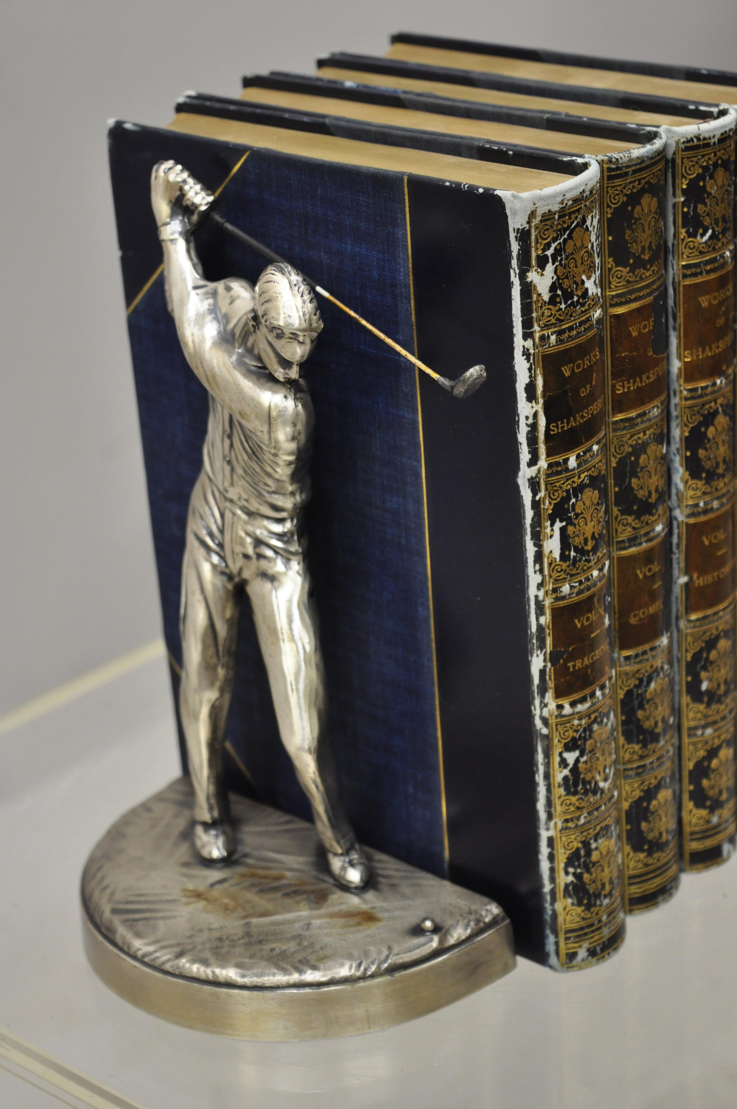 Art Deco Metal Silver Plate Golf Player Figural Bookends, a Pair 2